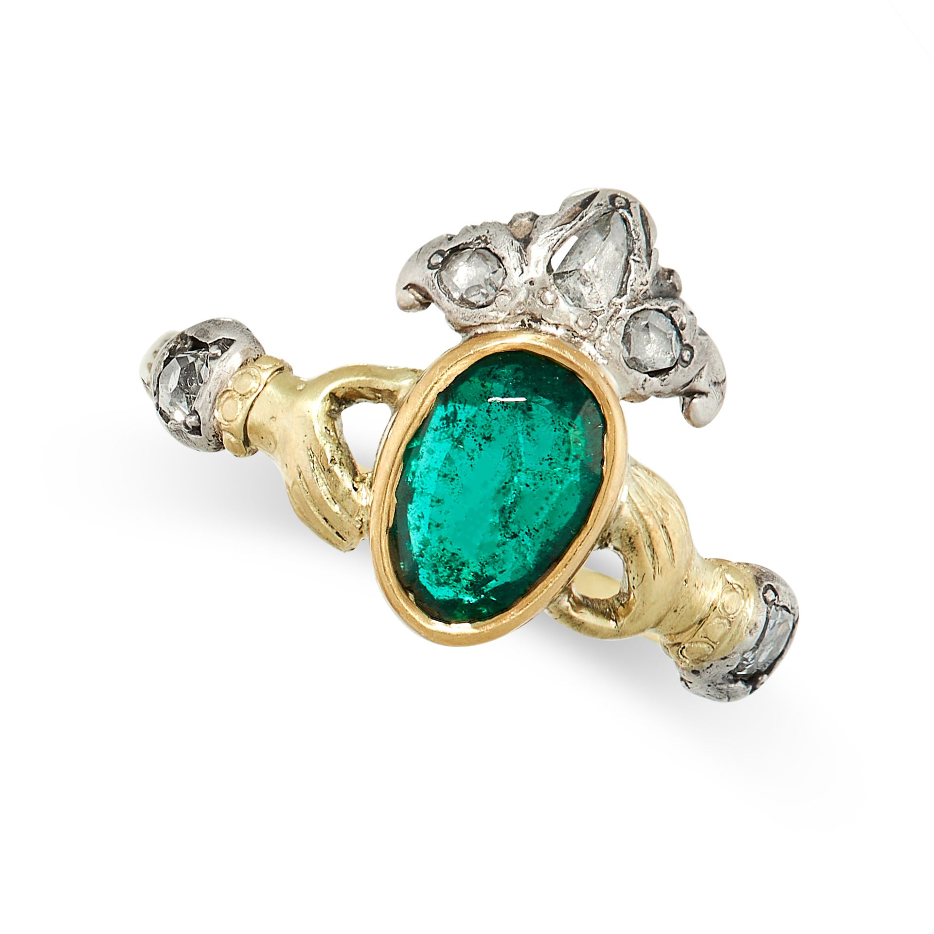 ANTIQUE EMERALD AND DIAMOND RING in yellow gold and silver, set with a central oval cut emerald of