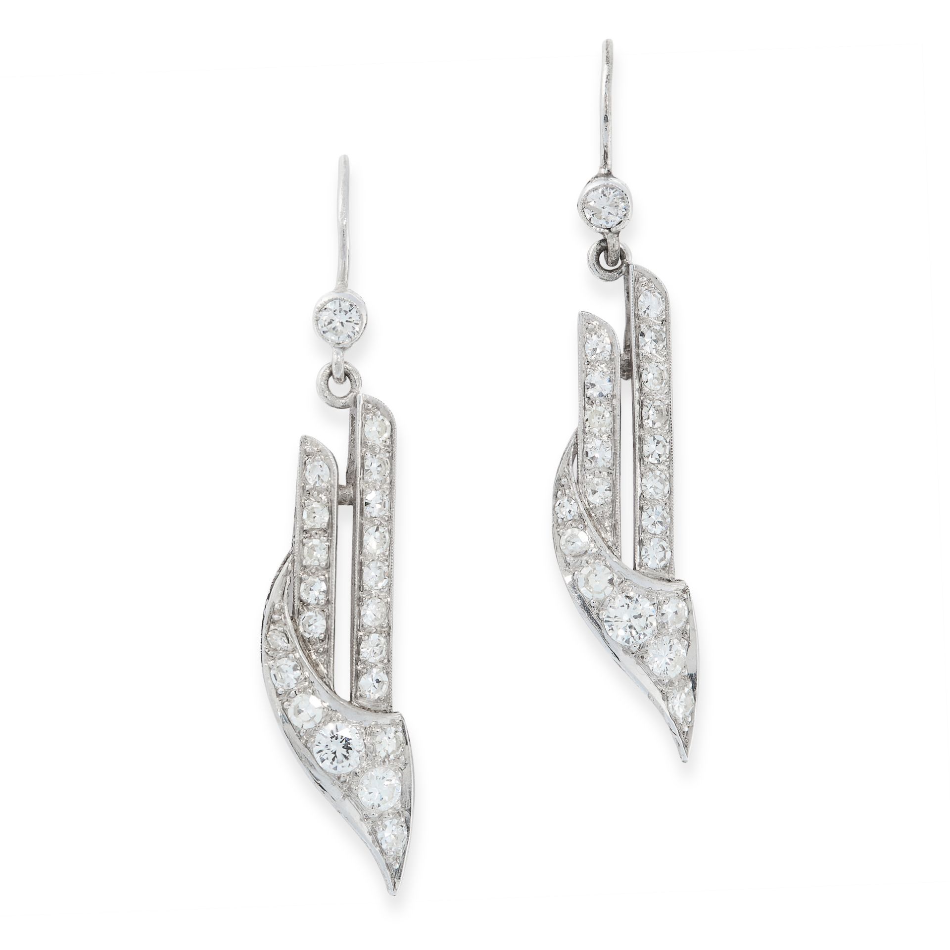 PAIR OF DIAMOND DROP EARRINGS each in the form of two batons accented by a scrolling motif, set with