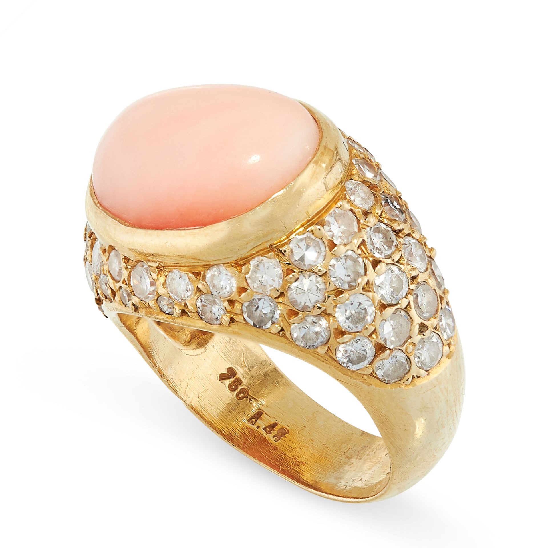 VINTAGE CORAL AND DIAMOND RING in 18ct yellow gold, set with an oval cabochon coral of 14.0mm, - Image 2 of 2