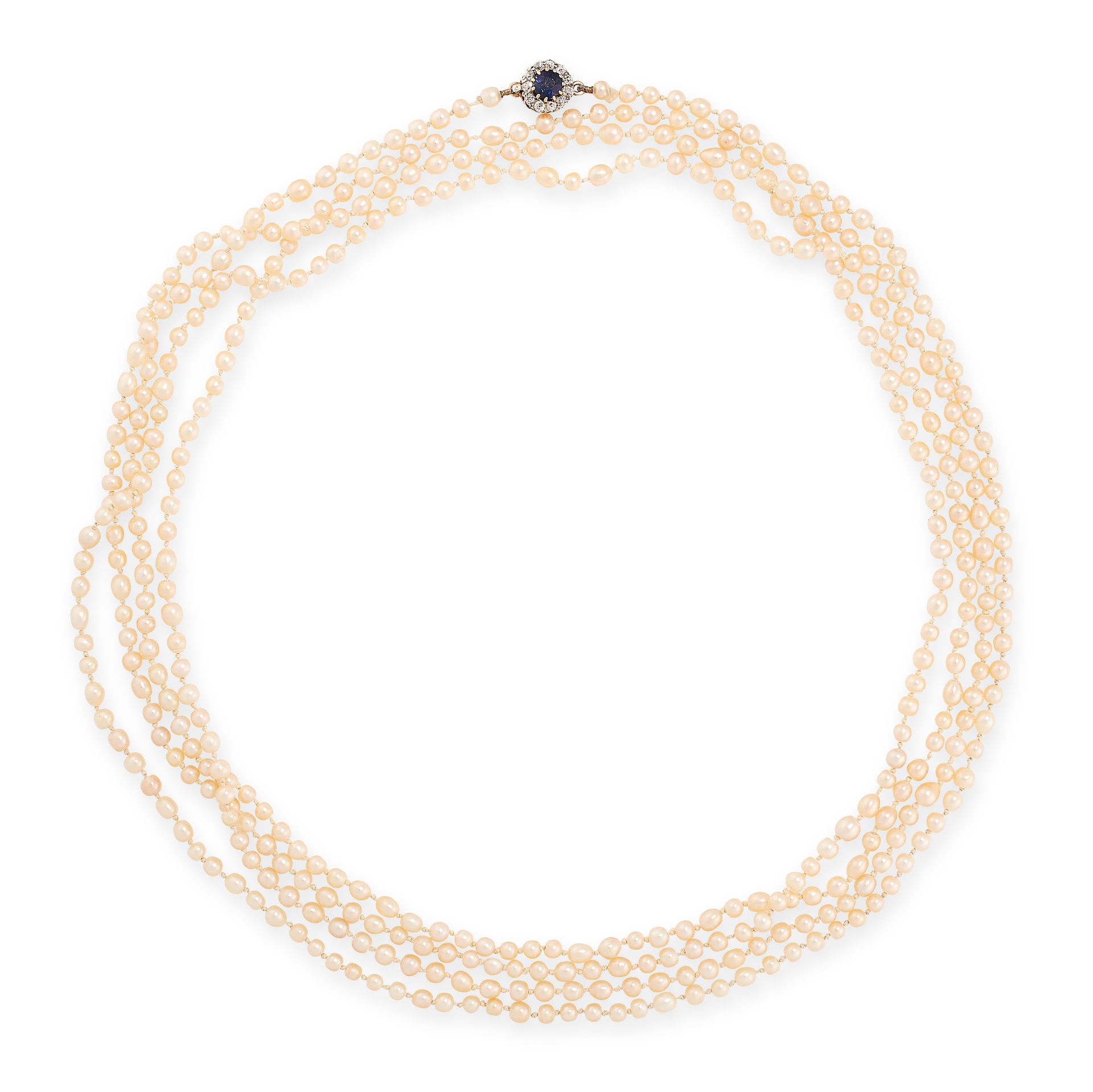 ANTIQUE NATURAL PEARL, SAPPHIRE AND DIAMOND SAUTOIR NECKLACE comprising a single row of four hundred