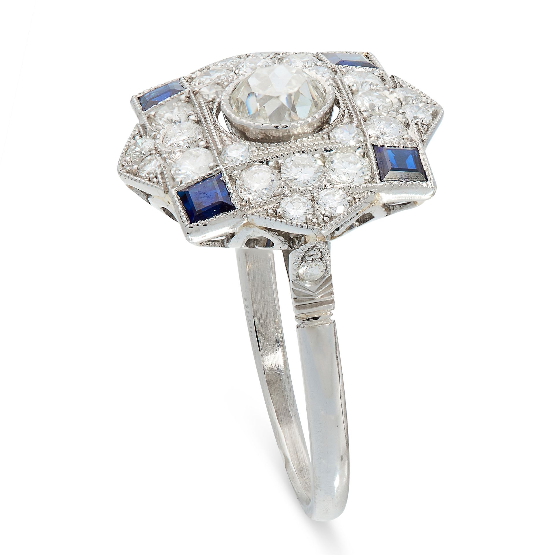 SAPPHIRE AND DIAMOND RING in platinum, in Art Deco design, the square face featuring a quatrefoil - Image 2 of 2