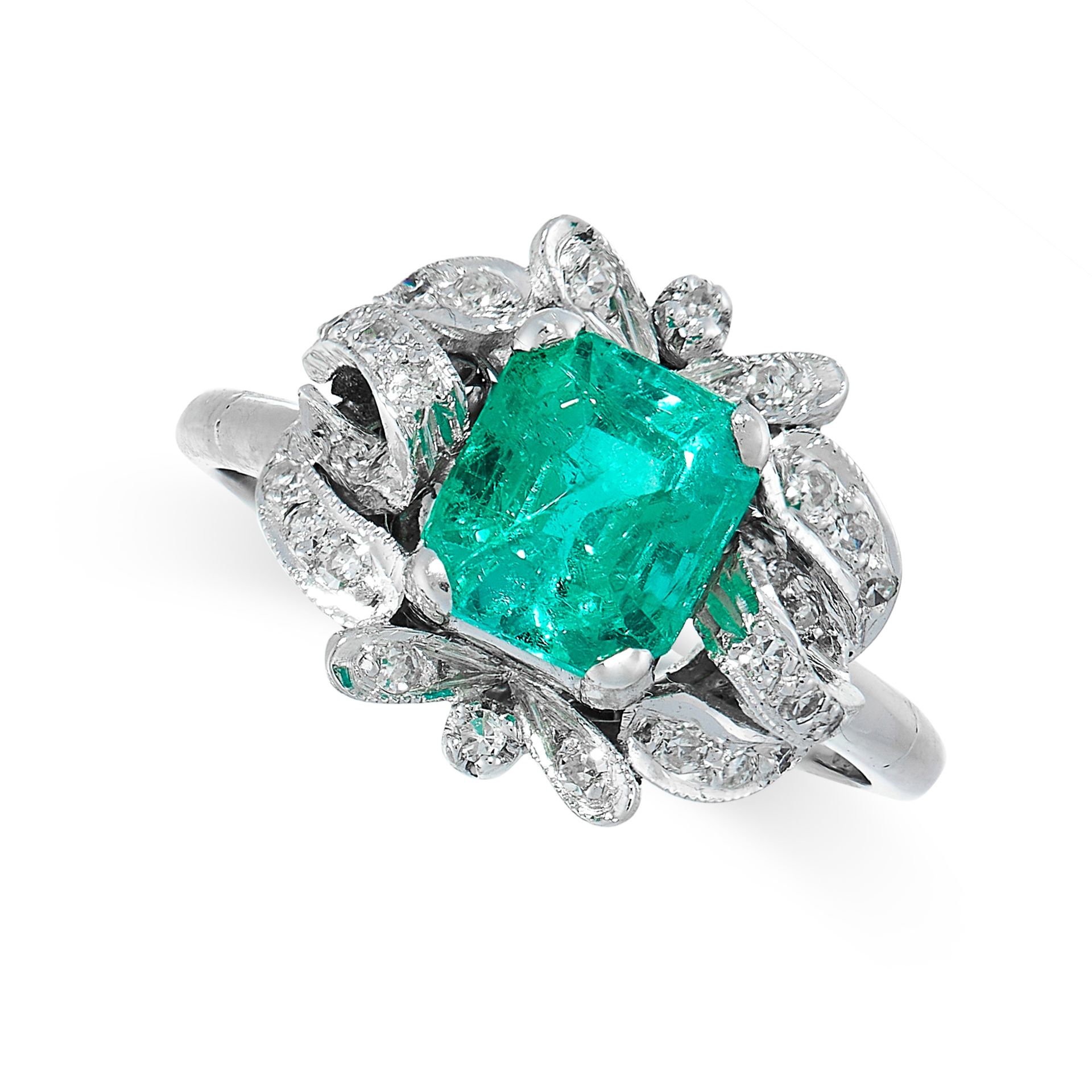 EMERALD AND DIAMOND RING in cluster form, set with an emerald cut emerald of 1.91 carats in a