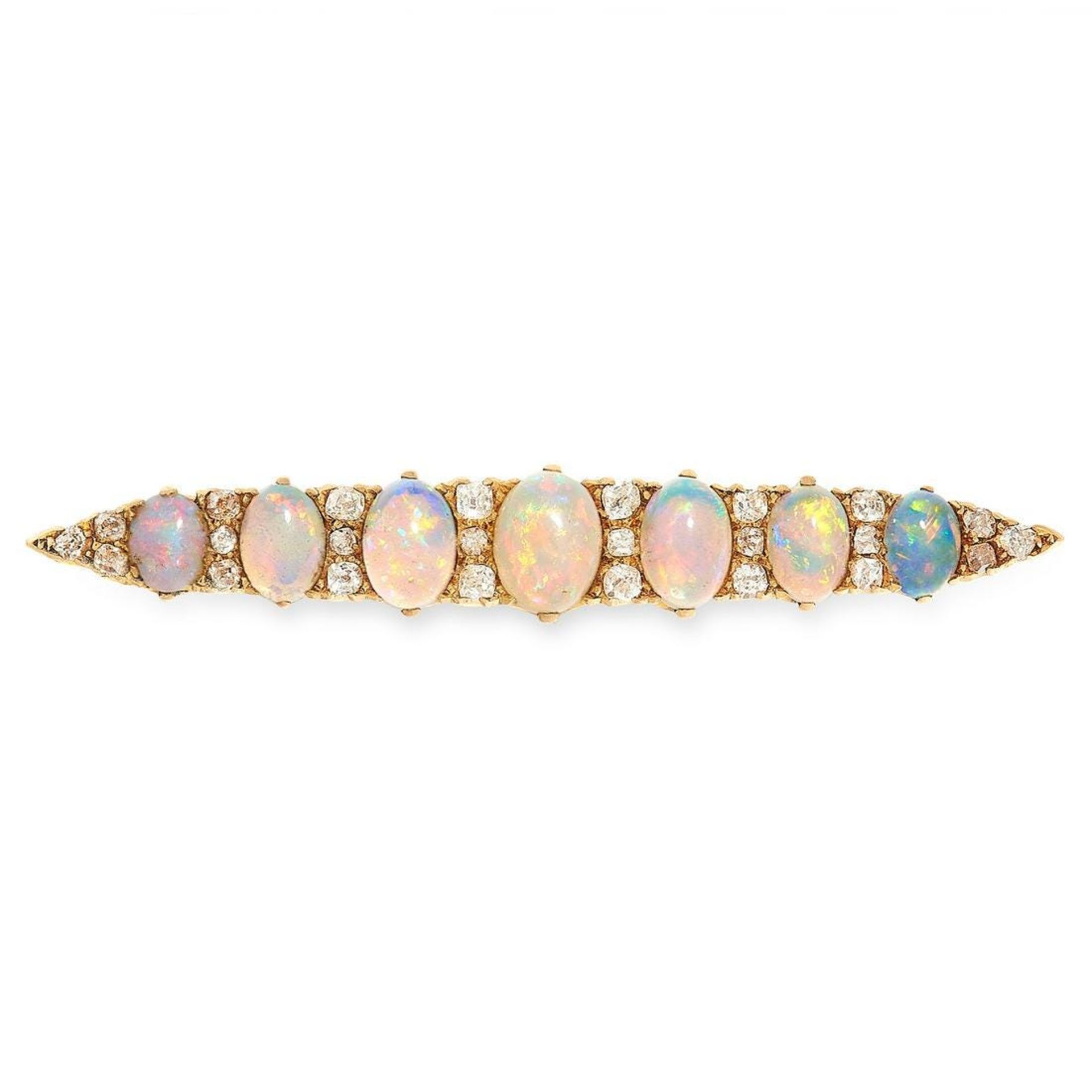 ANTIQUE OPAL AND DIAMOND BAR BROOCH in yellow gold, the tapering body set with a row of seven