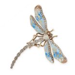 DIAMOND, RUBY, EMERALD AND ENAMEL DRAGONFLY BROOCH in 56 zolotnik gold and silver, designed as a