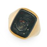 ANTIQUE BLOODSTONE INTAGLIO SEAL / SIGNET RING, 1907 in 18ct yellow gold, the face set with a