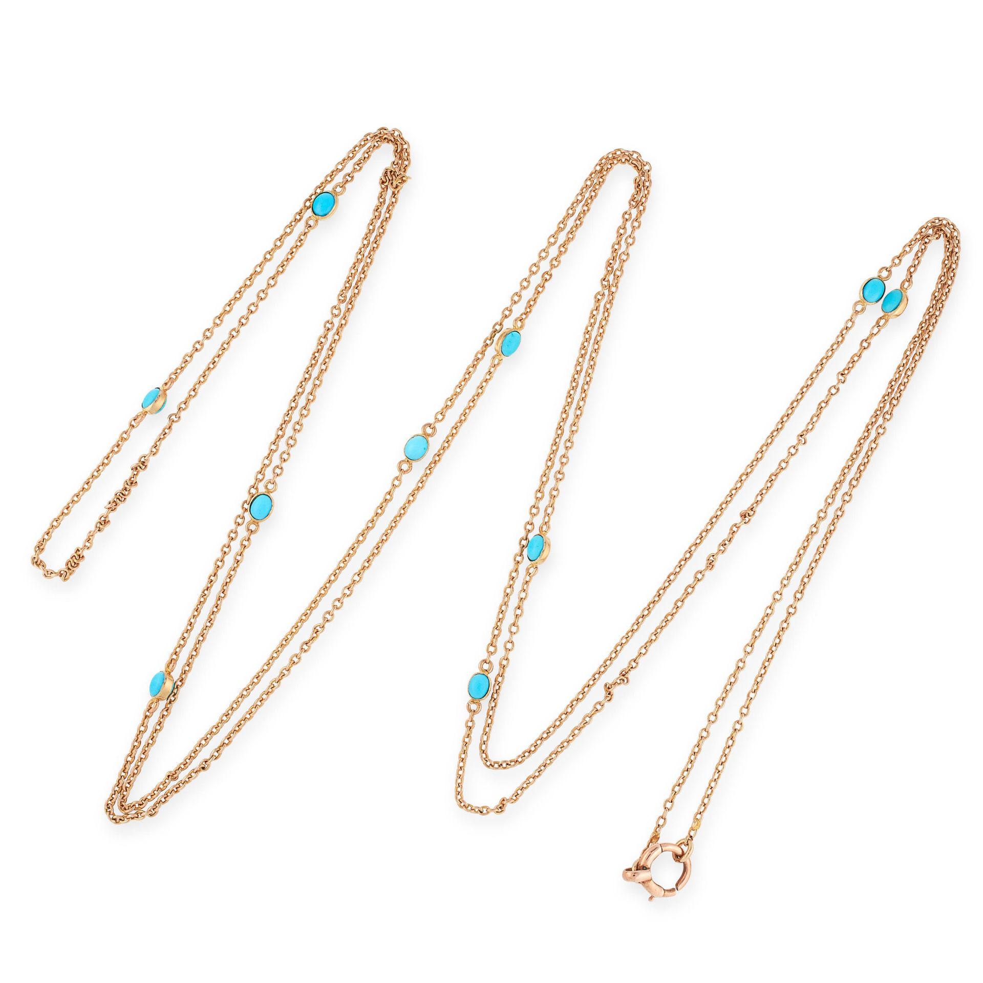 ANTIQUE TURQUOISE SAUTOIR NECKLACE in yellow gold, formed of lengths of belcher link chain