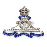 ANTIQUE REGIMENTAL JEWELLED ENAMEL ROYAL ARTILLERY BROOCH, CIRCA 1900 in the form of a crown, gun,