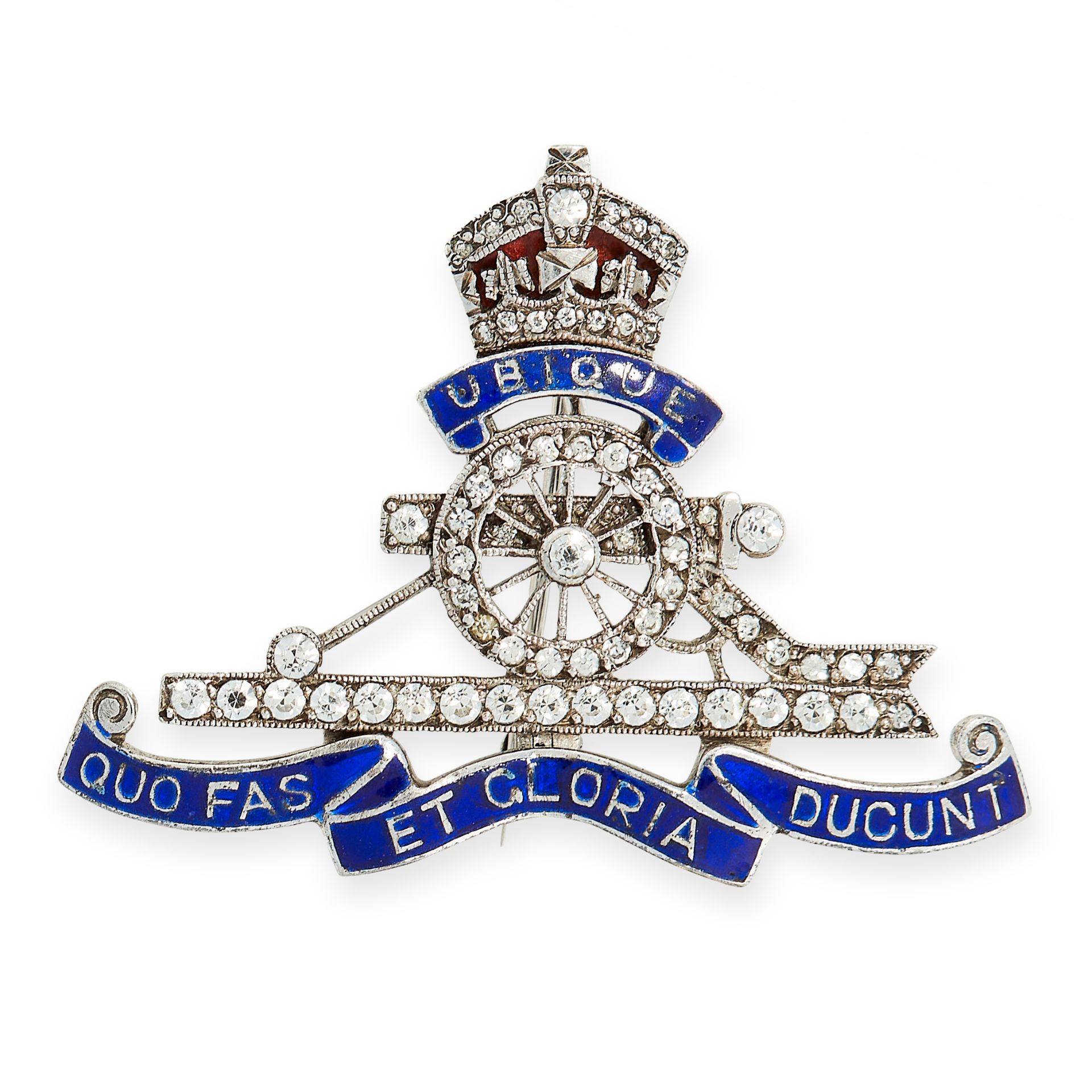 ANTIQUE REGIMENTAL JEWELLED ENAMEL ROYAL ARTILLERY BROOCH, CIRCA 1900 in the form of a crown, gun,