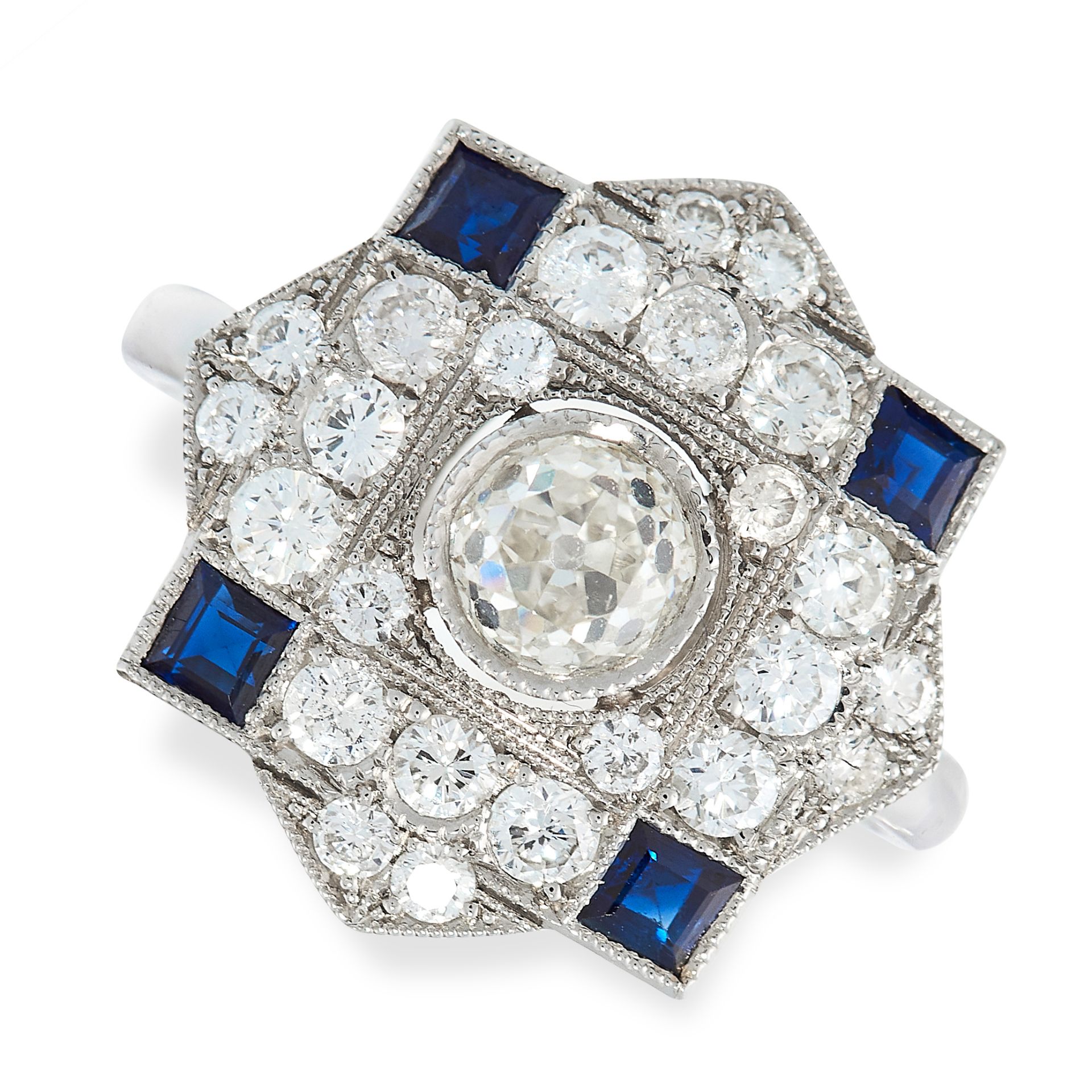 SAPPHIRE AND DIAMOND RING in platinum, in Art Deco design, the square face featuring a quatrefoil