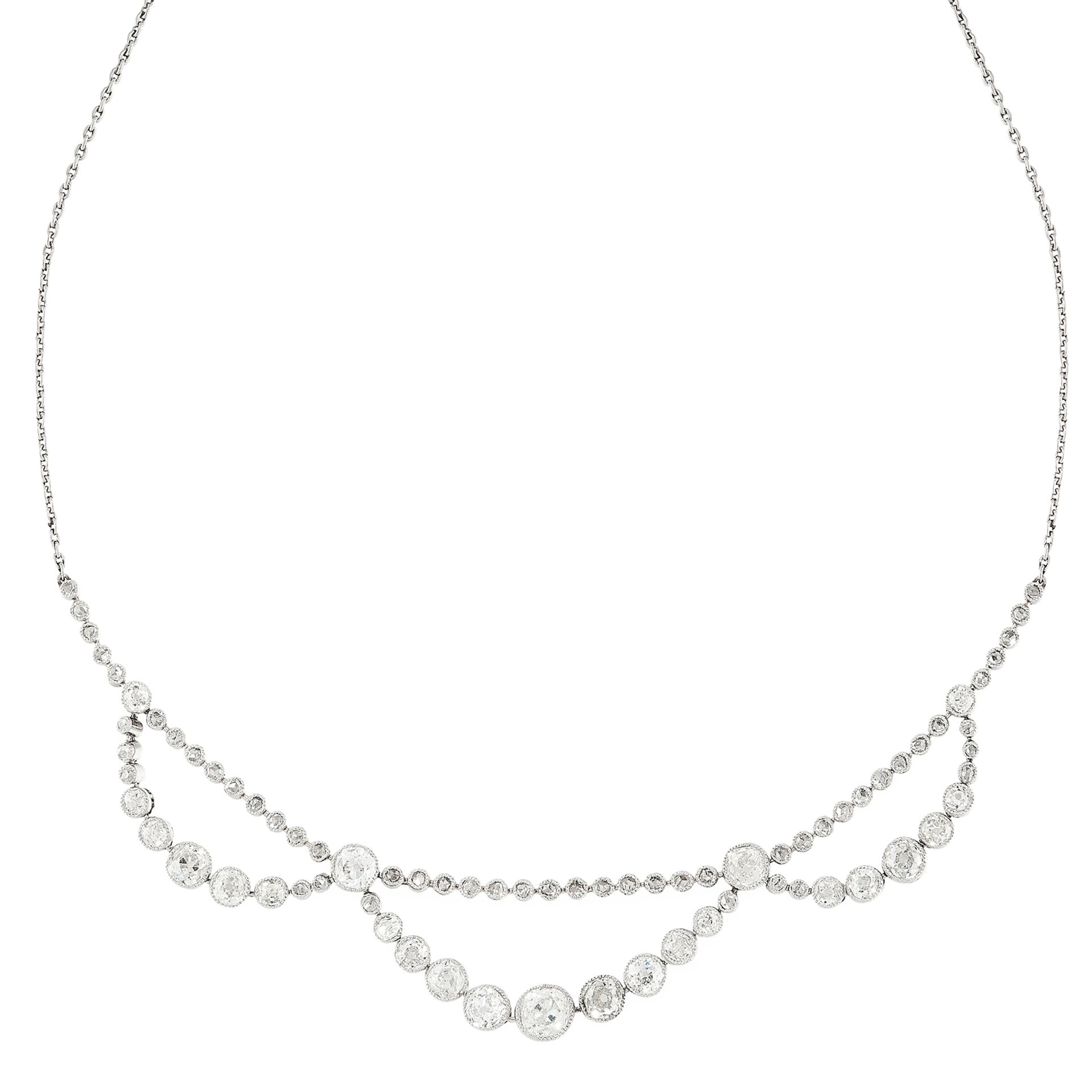 ART DECO DIAMOND NECKLACE, EARLY 20TH CENTURY set with a row of rose cut diamonds, suspending