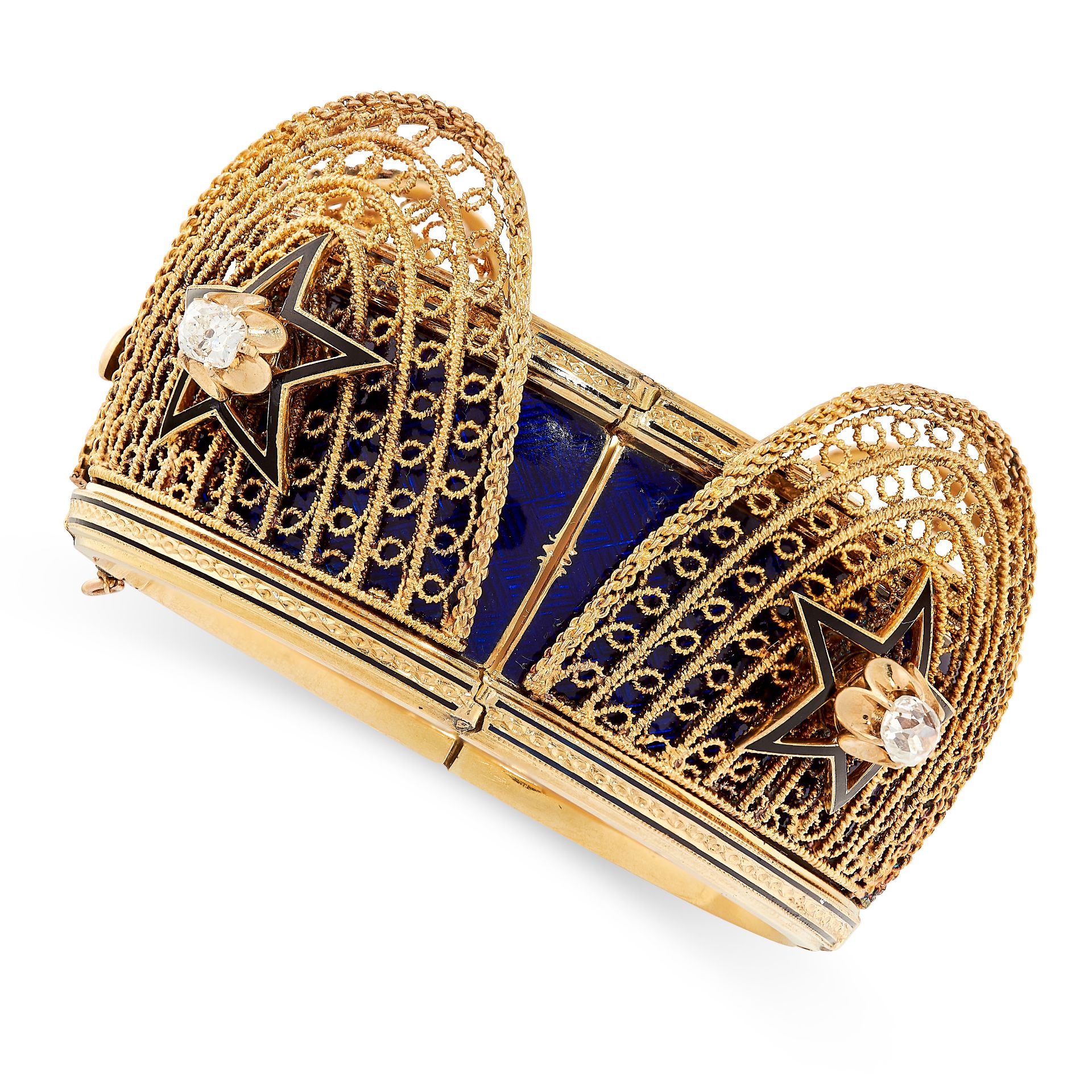 ANTIQUE DIAMOND AND ENAMEL BANGLE, 19TH CENTURY in yellow gold, designed as an articulated cuff, the