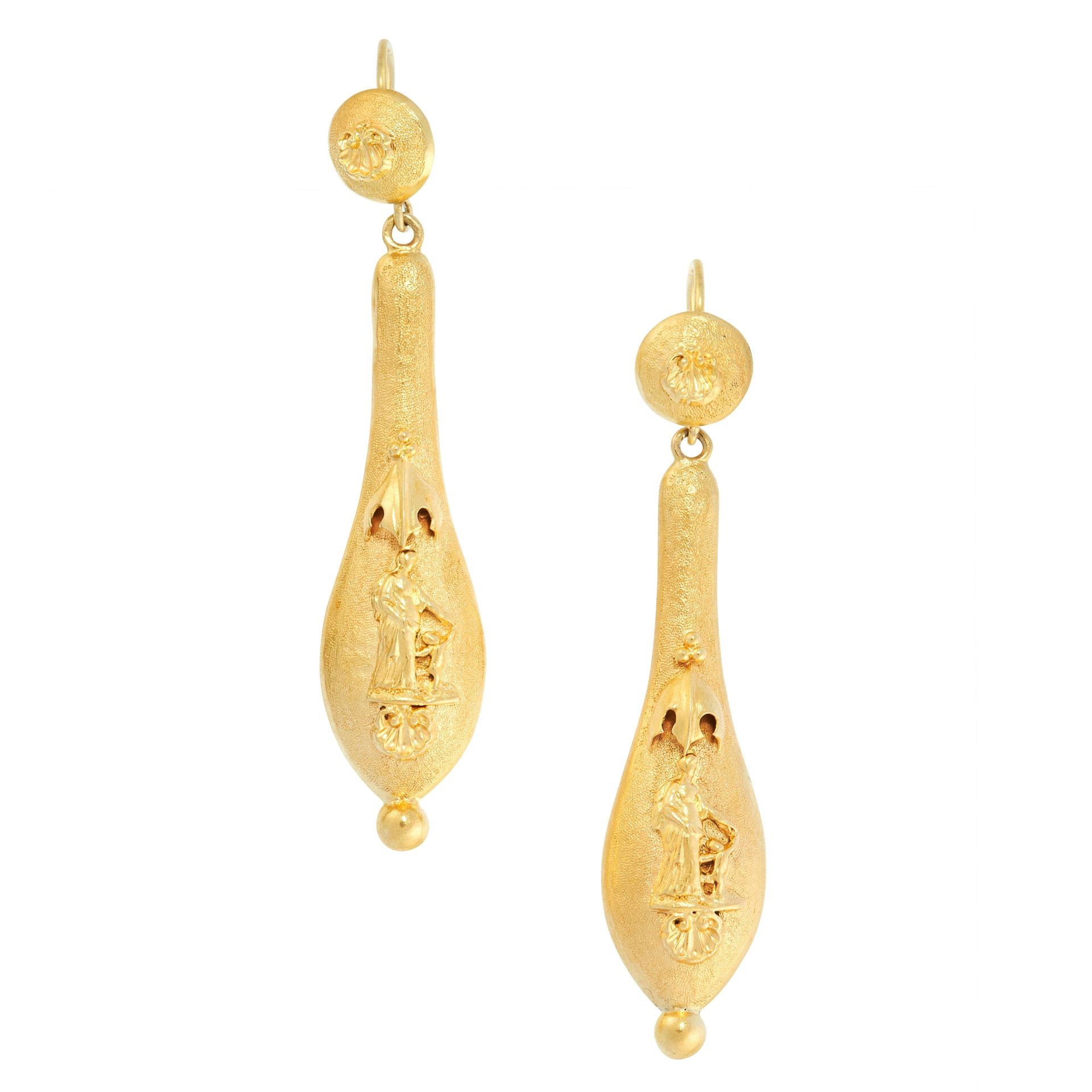 PAIR OF ANTIQUE EARRINGS, 19TH CENTURY in high carat yellow gold, the articulated, tapering bodies