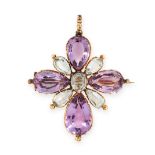 ANTIQUE AQUAMARINE AND AMETHYST PENDANT / BROOCH, 19TH CENTURY in yellow gold, designed as a