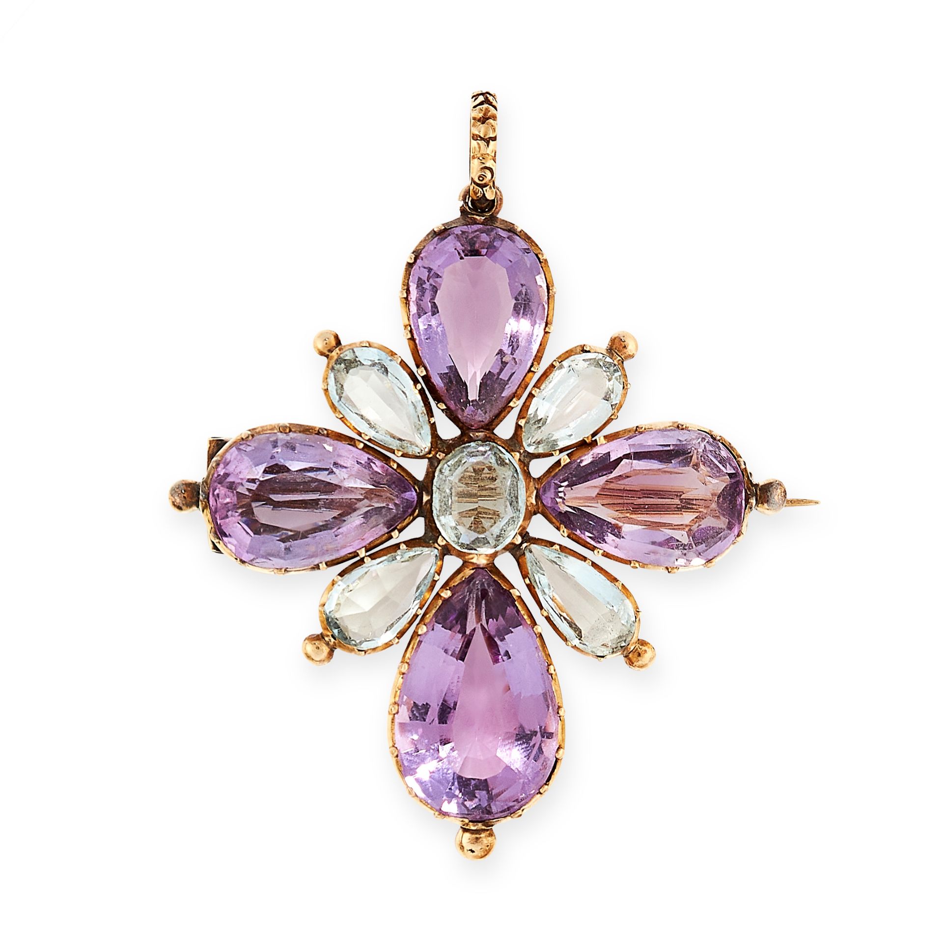 ANTIQUE AQUAMARINE AND AMETHYST PENDANT / BROOCH, 19TH CENTURY in yellow gold, designed as a