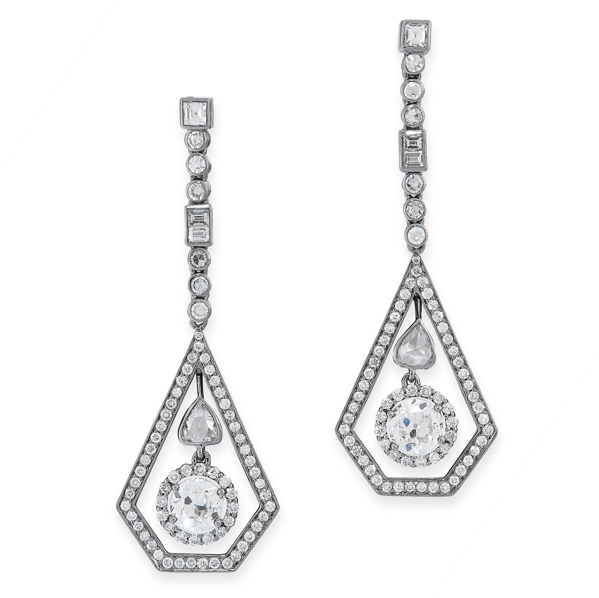 PAIR OF DIAMOND DROP EARRINGS formed of a single row of step, baguette and single cut diamonds above