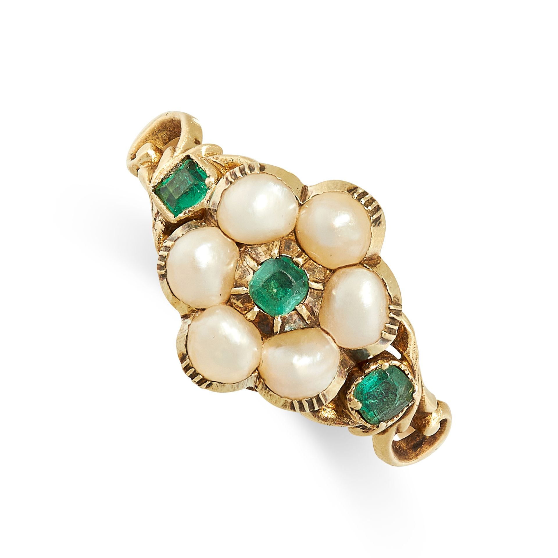 ANTIQUE EMERALD AND PEARL MOURNING LOCKET RING, 19TH CENTURY in yellow gold, set with a central