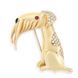 NOVELTY DIAMOND, ONYX AND RUBY DOG BROOCH, DAVID MORRIS, 1992 in 18ct yellow gold, designed as a