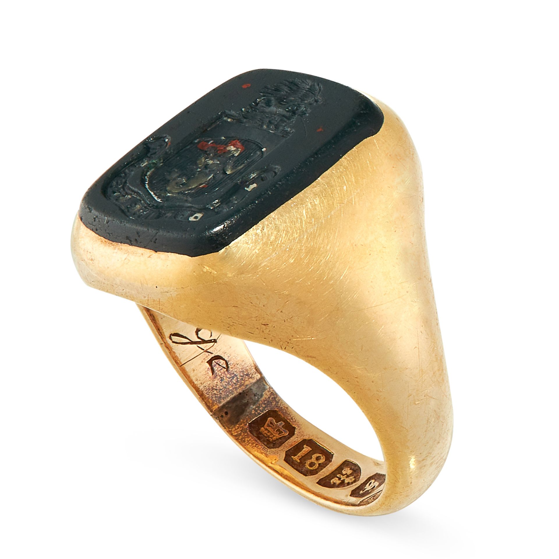 ANTIQUE BLOODSTONE INTAGLIO SEAL / SIGNET RING, 1907 in 18ct yellow gold, the face set with a - Image 2 of 2