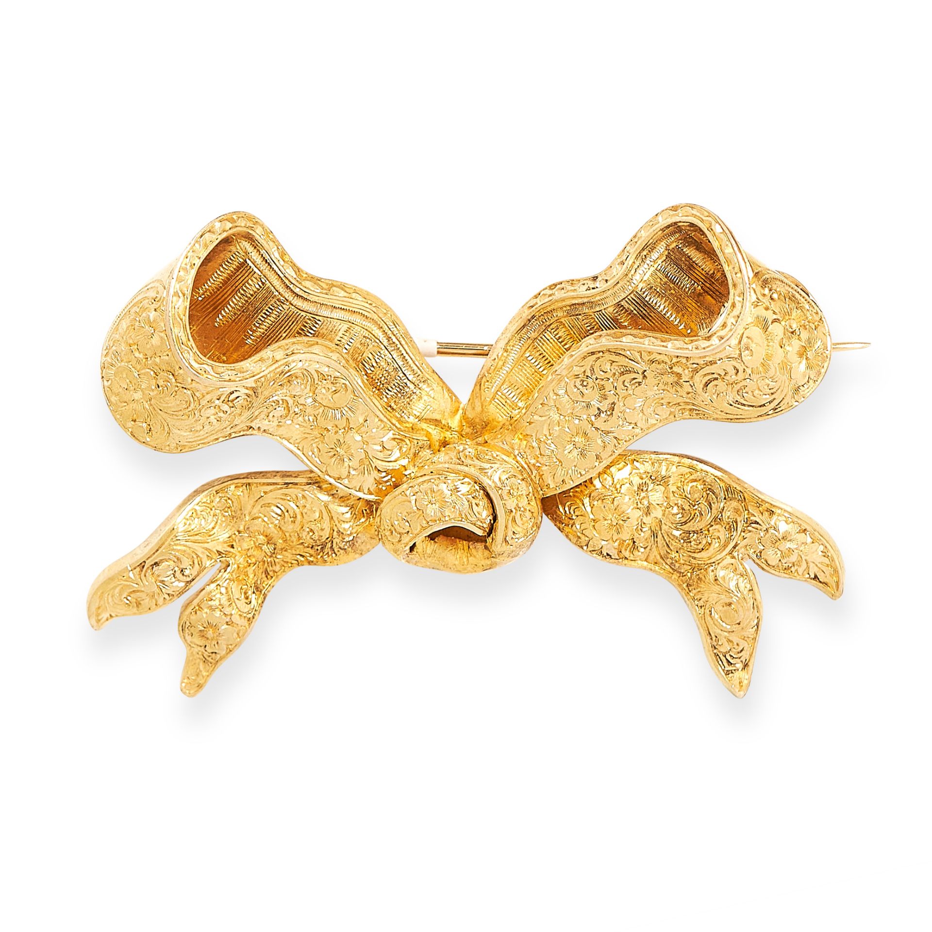 ANTIQUE GOLD BOW BROOCH, 19TH CENTURY in 18ct yellow gold, designed as a ribbon tied in a bow,
