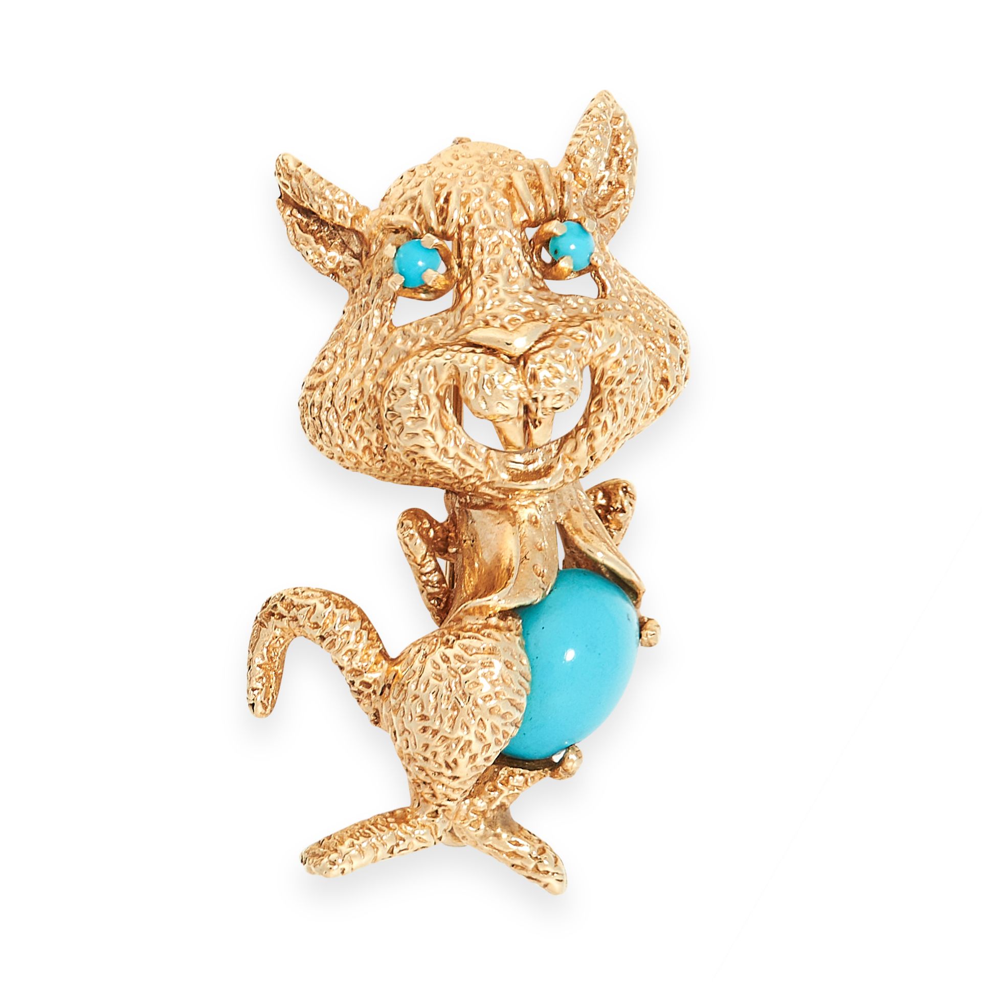VINTAGE NOVELTY TURQUOISE CHIPMUNK BROOCH in yellow gold, designed as a chipmunk in a waistcoat,