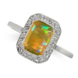 OPAL AND DIAMOND RING set with a step cut opal in a border of rose cut diamonds, unmarked, size