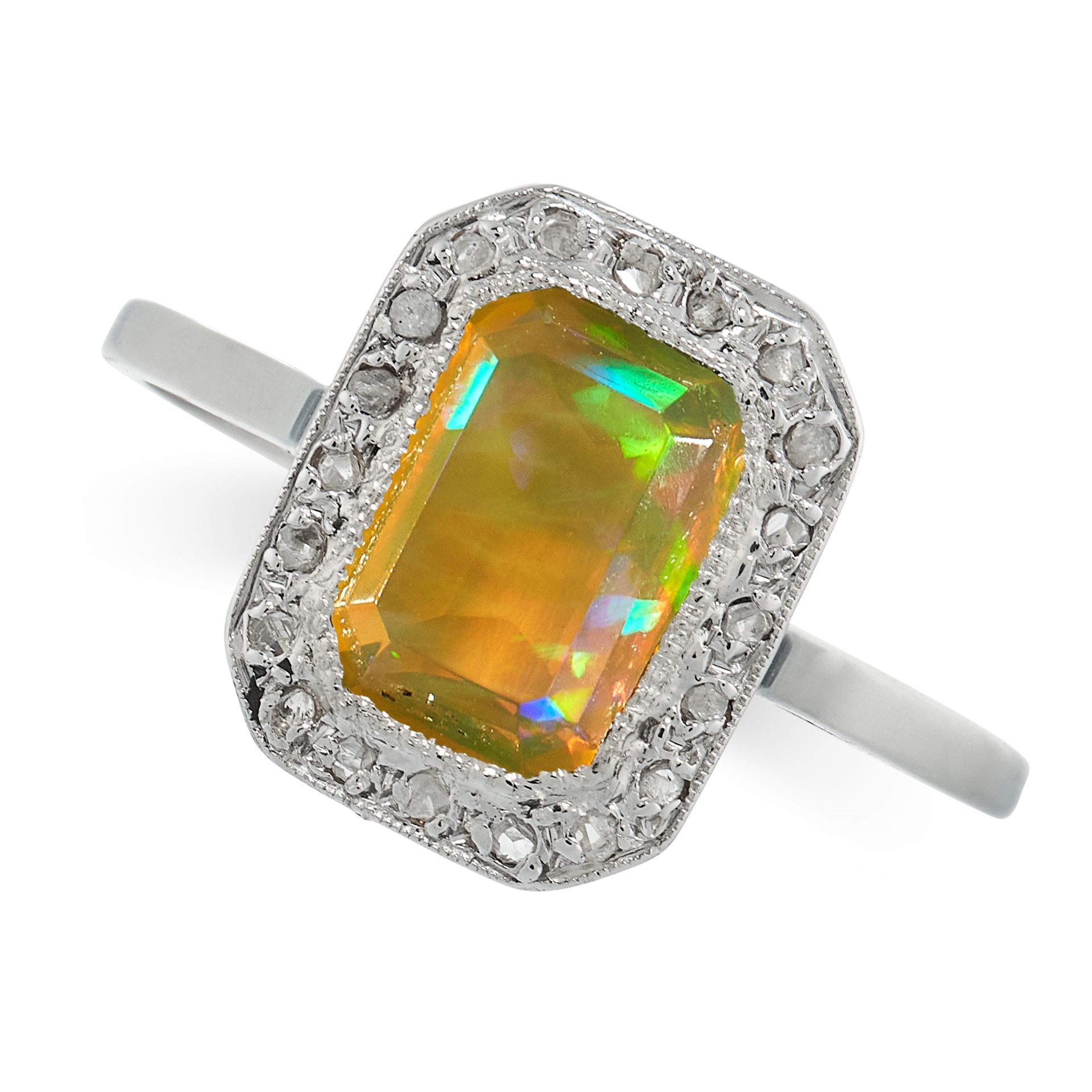 OPAL AND DIAMOND RING set with a step cut opal in a border of rose cut diamonds, unmarked, size