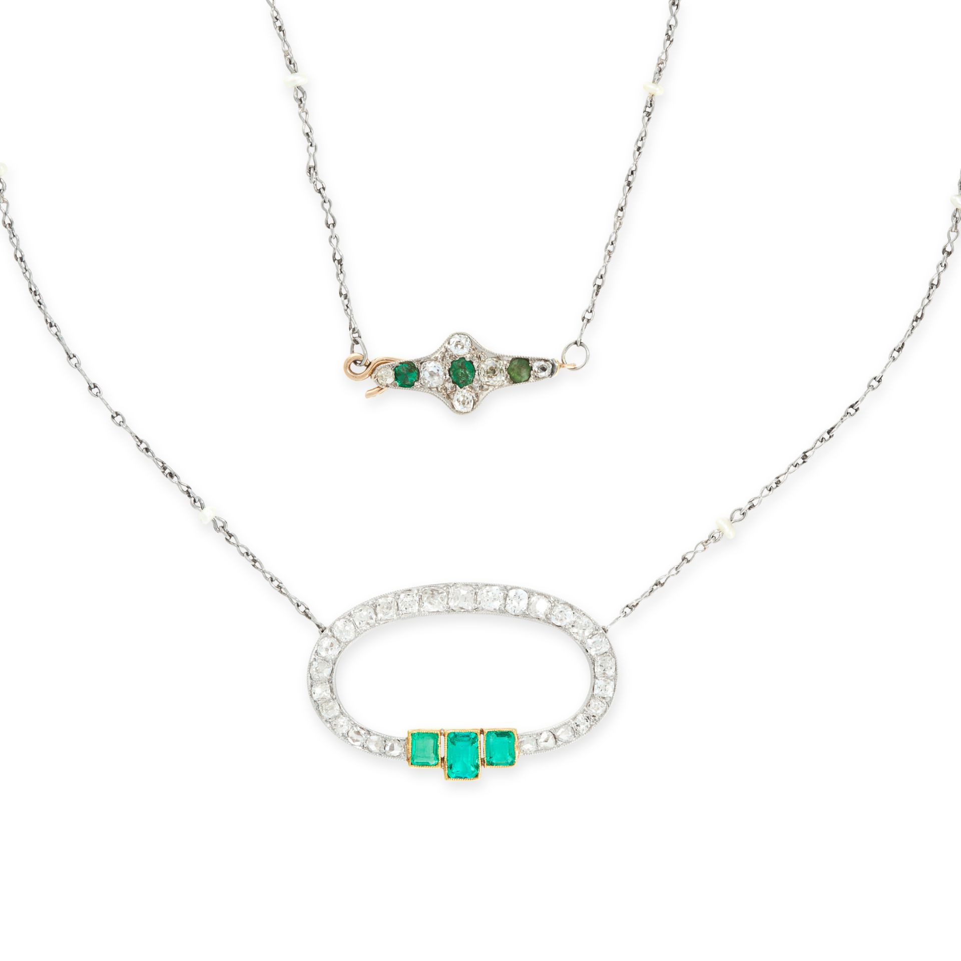 ART DECO EMERALD, DIAMOND AND PEARL PENDANT NECKLACE the annular pendant of oval outline, set with