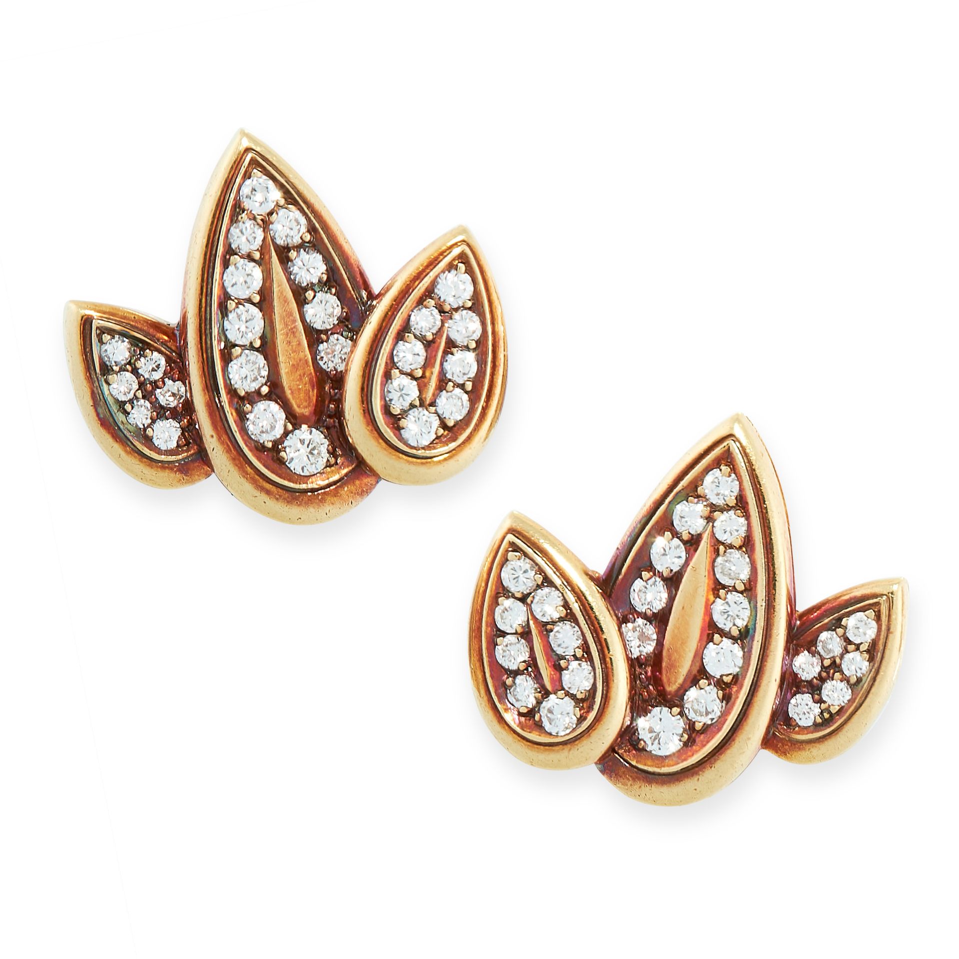 PAIR OF VINTAGE DIAMOND CLIP EARRINGS in yellow gold, each in the form of a leaf, set with rows of