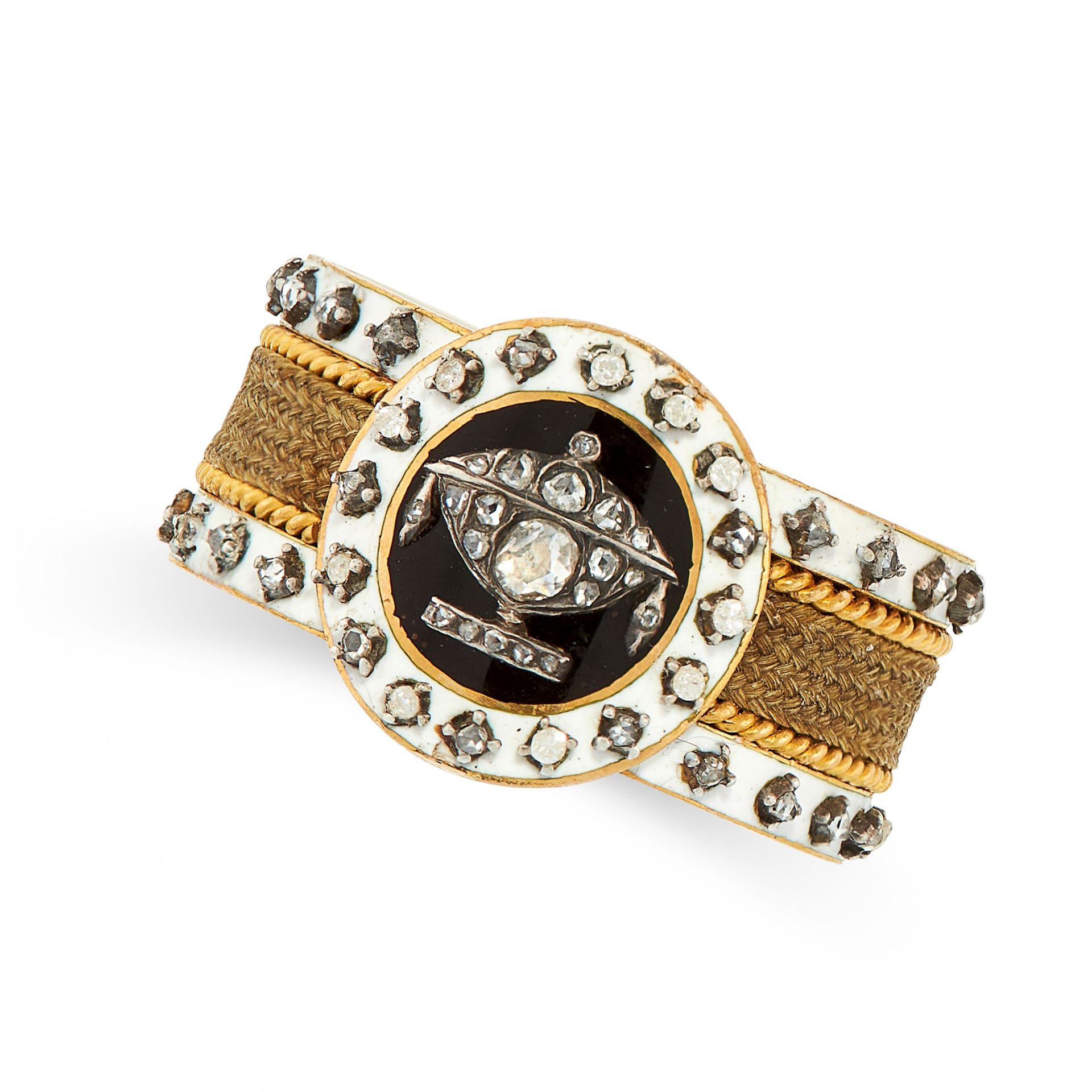FINE ANTIQUE GEORGIAN DIAMOND, ENAMEL AND HAIRWORK MORNING RING, 1792 in 18ct yellow gold, with a