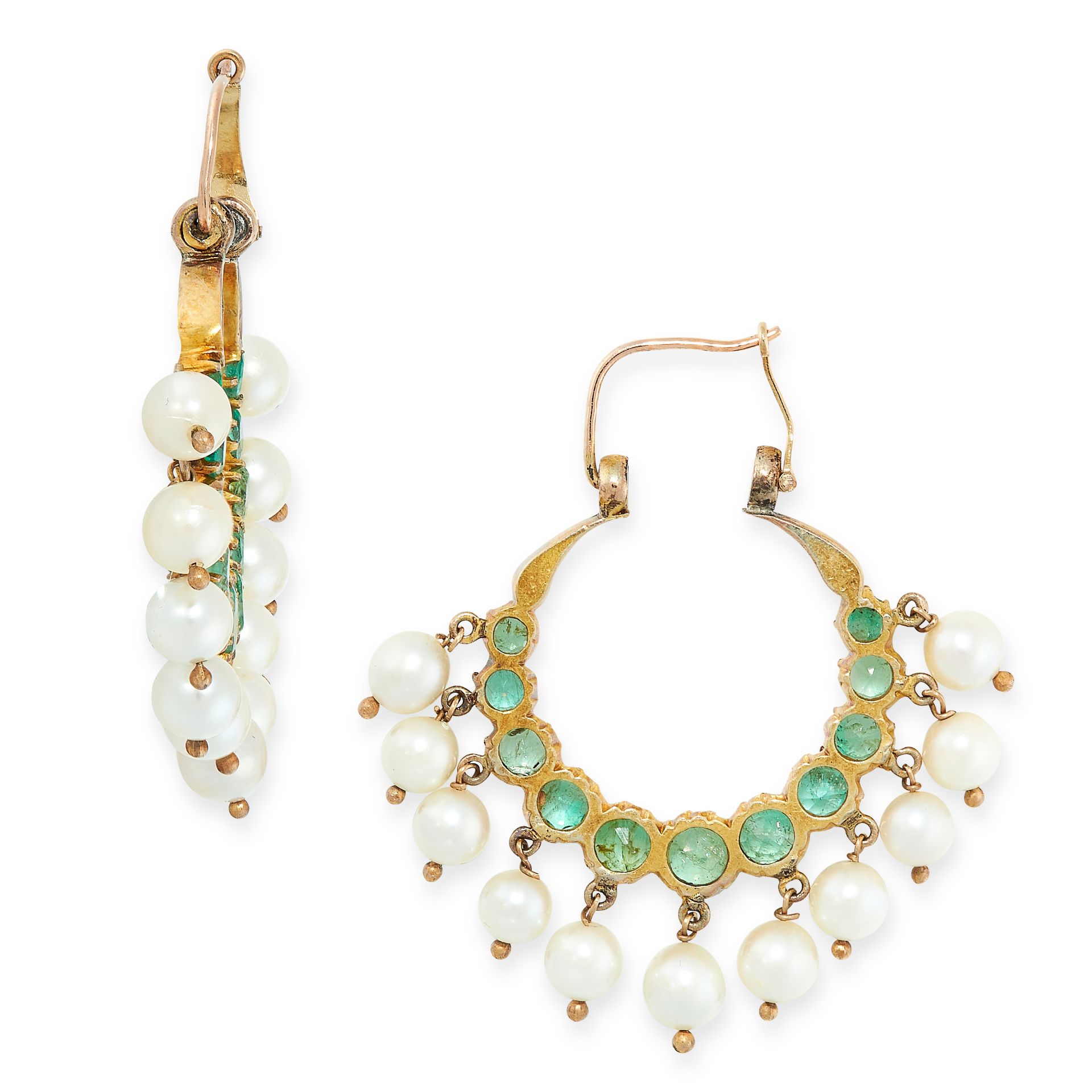 PAIR OF EMERALD AND PEARL EARRINGS each of hoop design, set with circular-cut emeralds and - Image 2 of 2