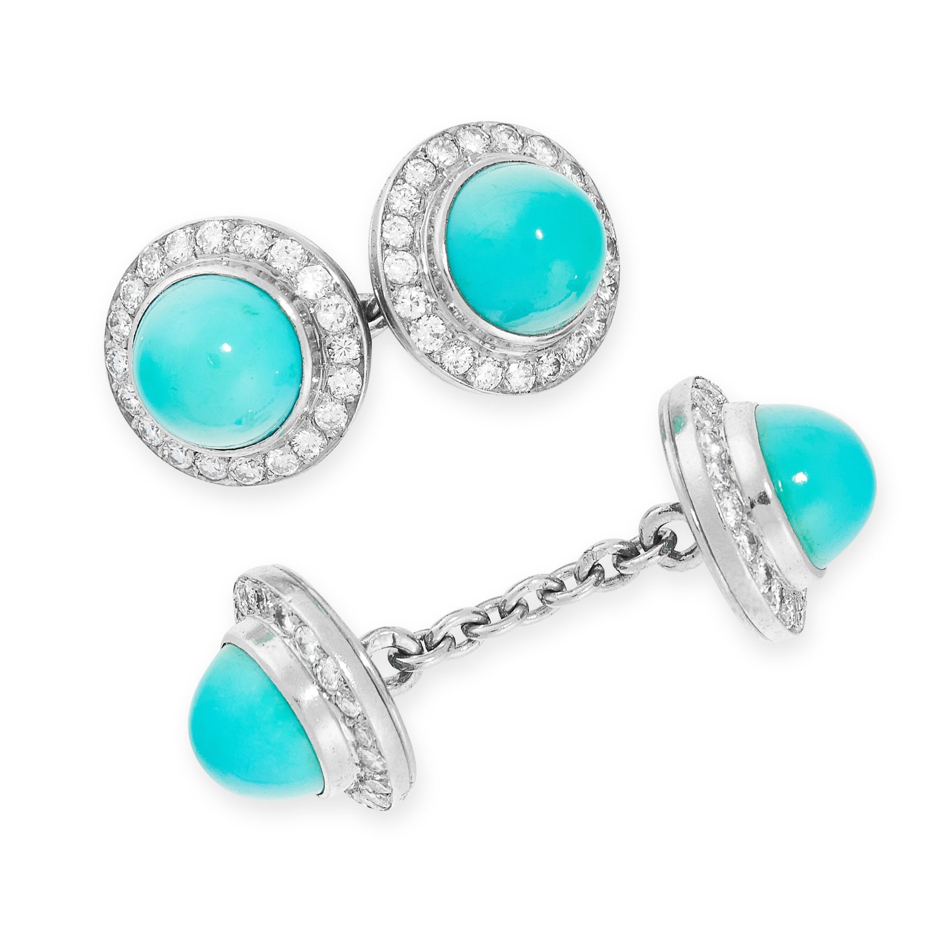 A PAIR OF TURQUOISE AND DIAMOND CUFFLINKS, CARTIER PARIS in platinum, of target design, each link