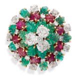 AN EMERALD, RUBY AND DIAMOND TUTTI FRUTTI COCKTAIL RING, CIRCA 1945 in 18ct yellow gold and