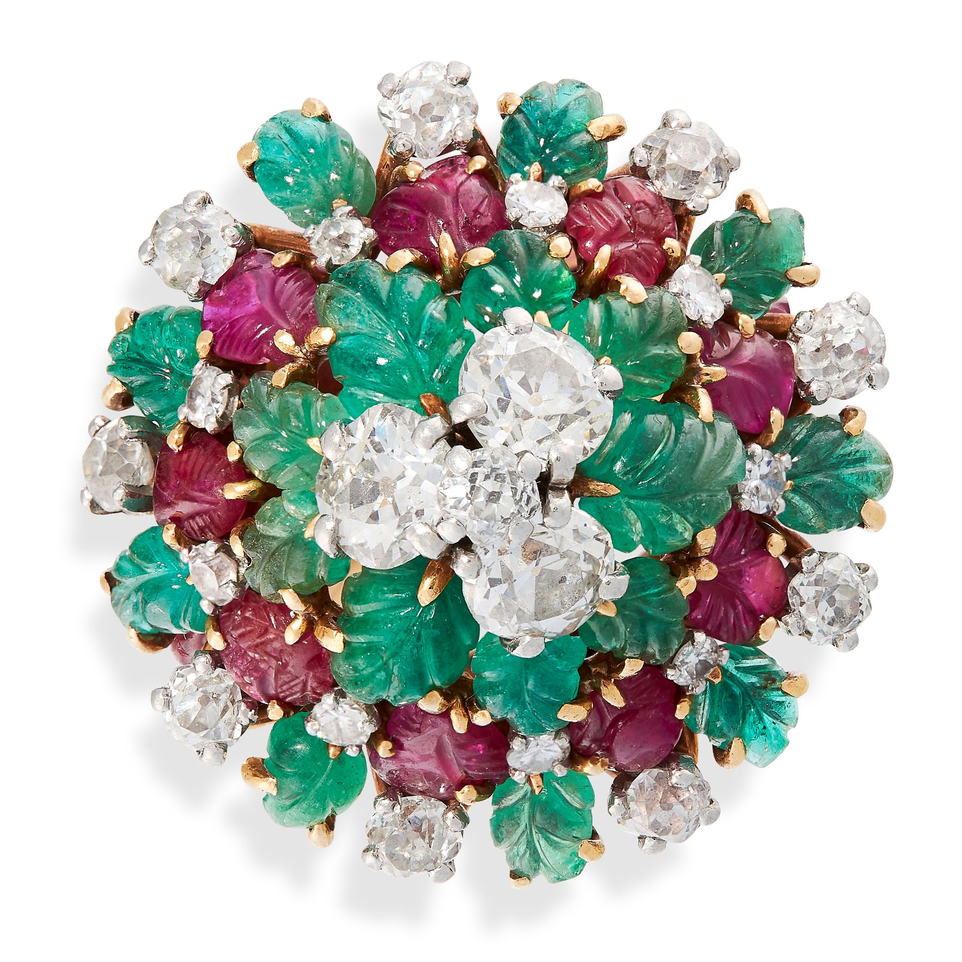 AN EMERALD, RUBY AND DIAMOND TUTTI FRUTTI COCKTAIL RING, CIRCA 1945 in 18ct yellow gold and