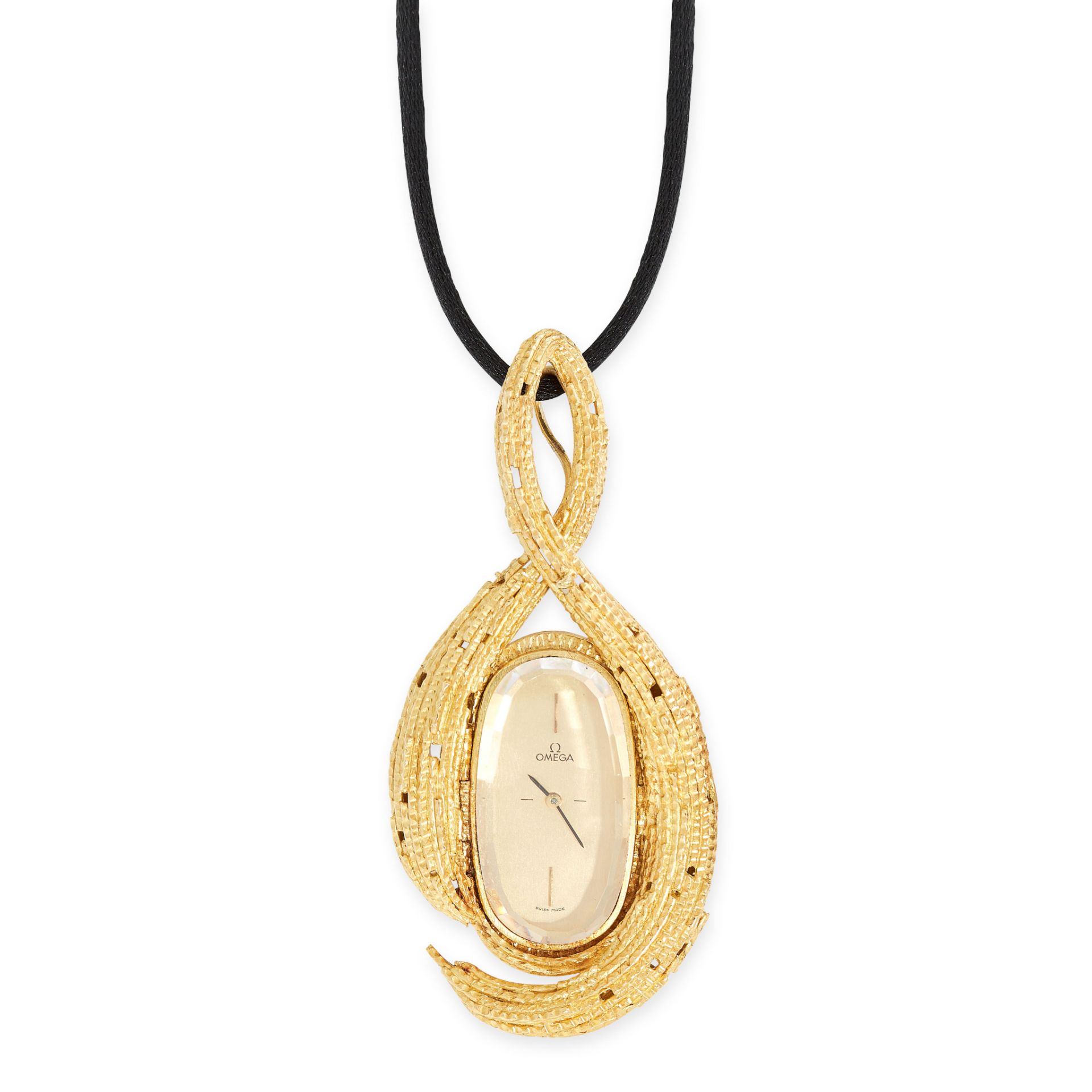 A VINTAGE WATCH PENDANT, ANDREW GRIMA FOR OMEGA in 18ct yellow gold, the cushion shaped face with