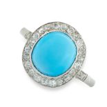 AN ART DECO TURQUOISE AND DIAMOND RING in platinum, set with an oval cabochon turquoise within a