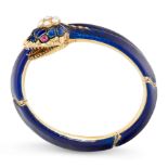 AN ANTIQUE PEARL, RUBY, DIAMOND AND ENAMEL SNAKE BANGLE, 19TH CENTURY in high carat yellow gold,