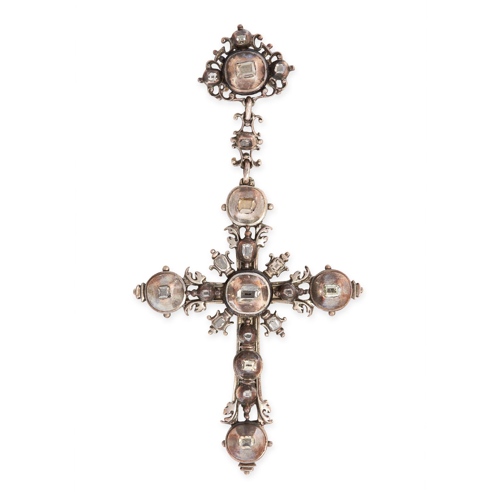 AN ANTIQUE DIAMOND CROSS PENDANT, EARLY 18TH CENTURY in silver, in the form of a cross, set with six