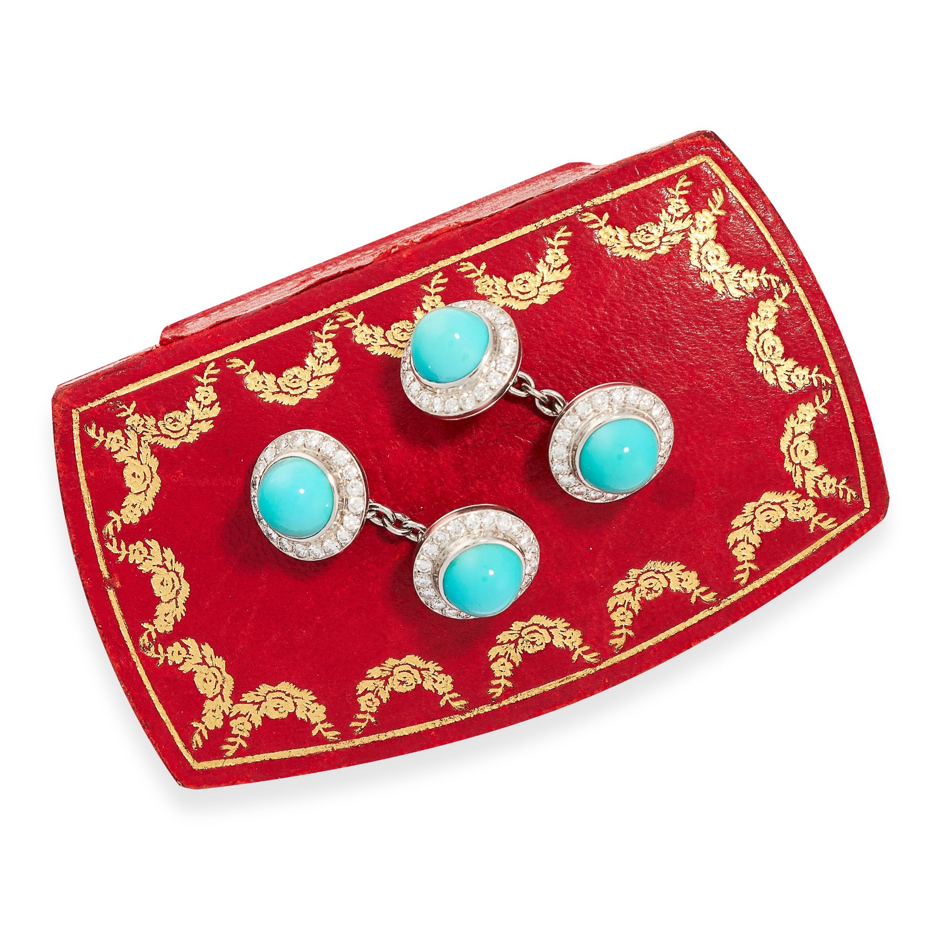 A PAIR OF TURQUOISE AND DIAMOND CUFFLINKS, CARTIER PARIS in platinum, of target design, each link - Image 2 of 2