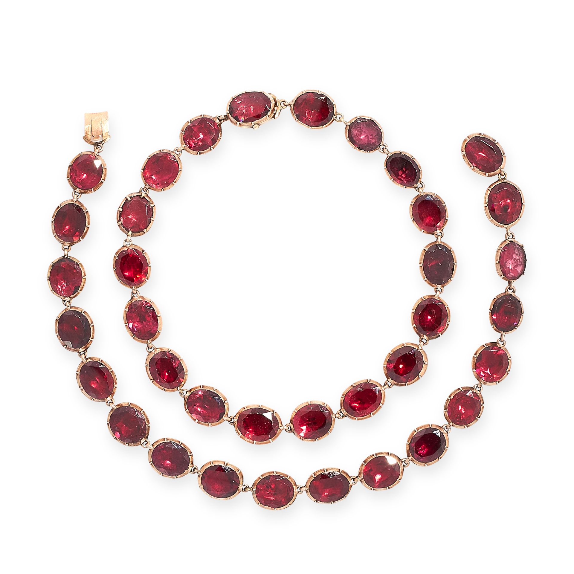 AN ANTIQUE GARNET RIVIERE NECKLACE, 19TH CENTURY in yellow gold, comprising a single row of thirty- - Image 2 of 3