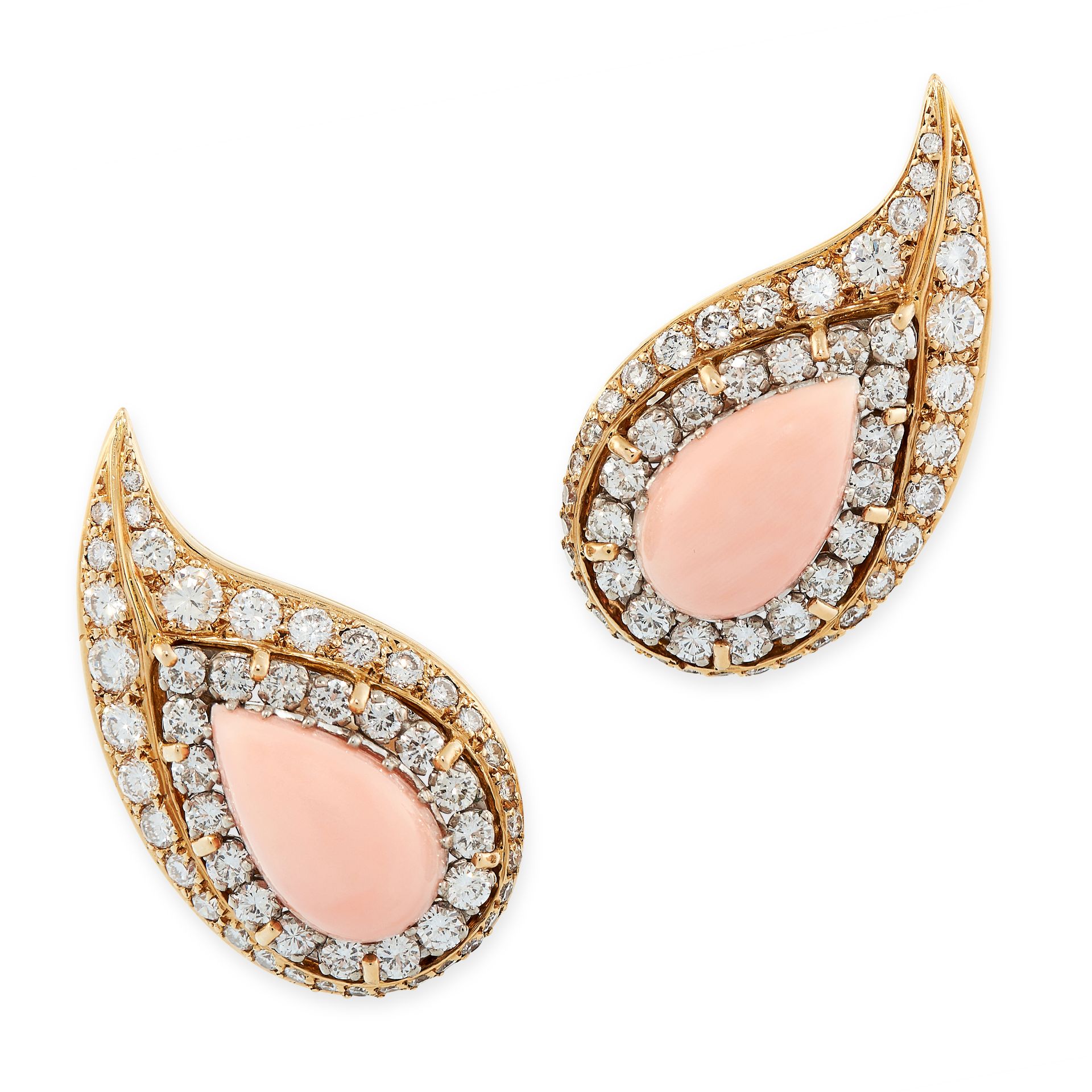 A PAIR OF VINTAGE CORAL AND DIAMOND CLIP EARRINGS in 18ct yellow gold, each designed as a stylised