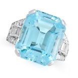 AN AQUAMARINE AND DIAMOND DRESS RING, 1940s set with an emerald cut aquamarine of 13.04 carats,