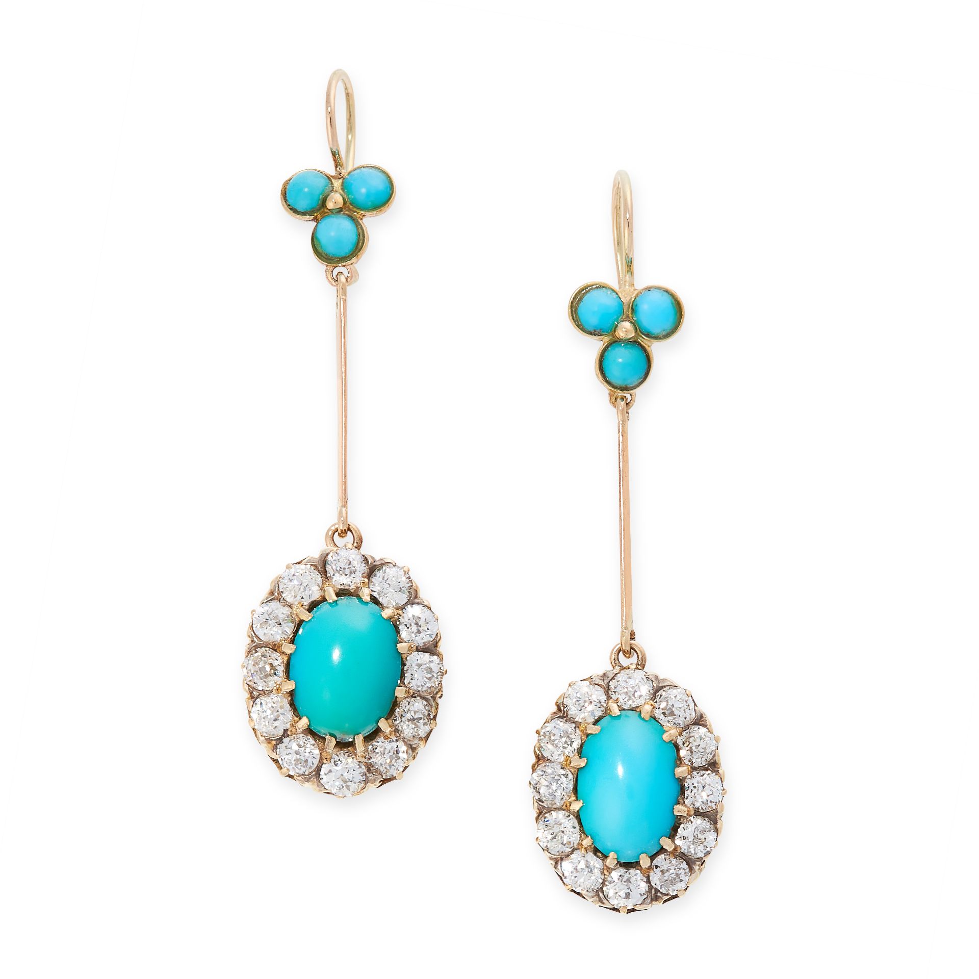 A PAIR OF ANTIQUE TURQUOISE AND DIAMOND EARRINGS in yellow gold, each set with an oval turquoise