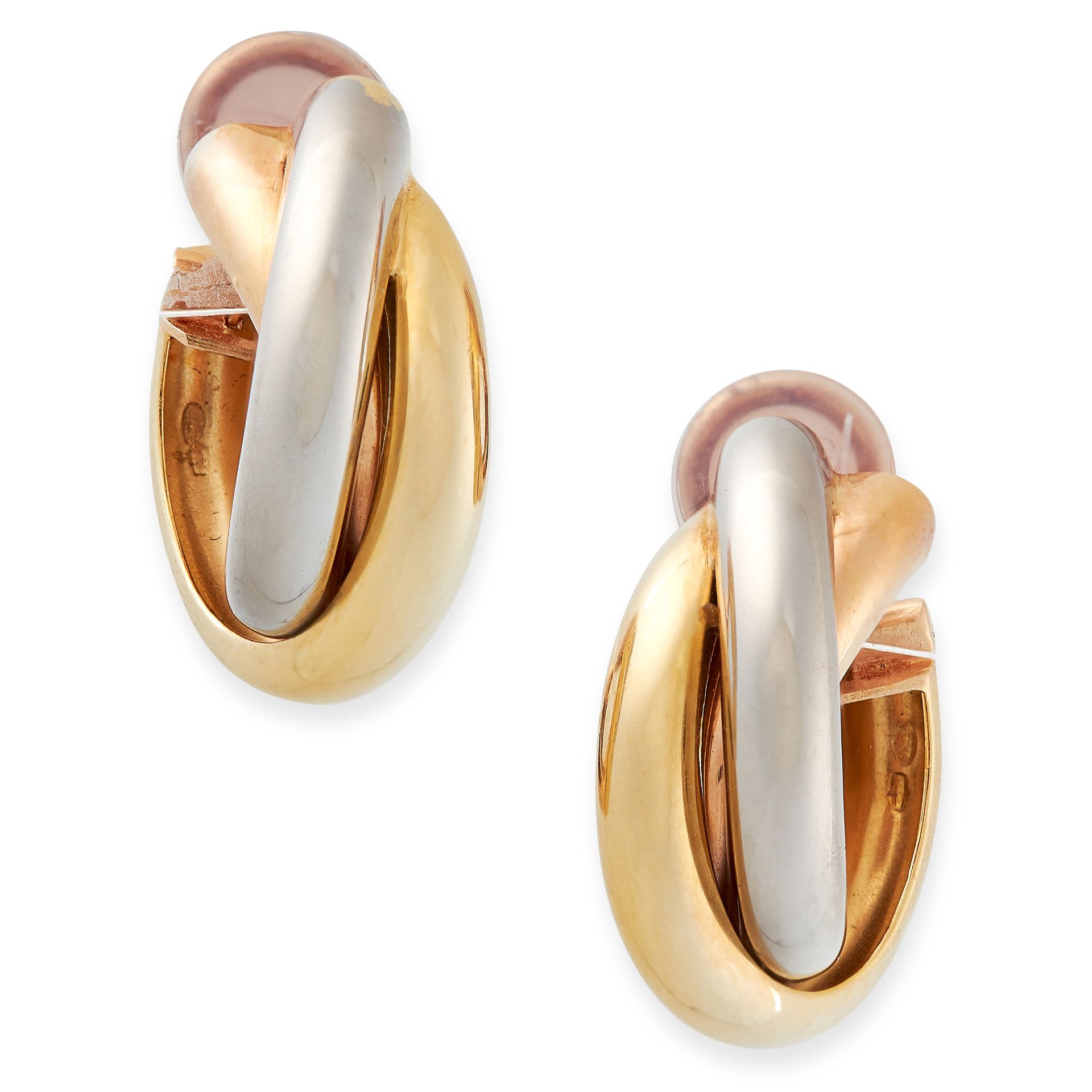 A PAIR OF TRINITY DE CARITER HOOP CLIP EARRINGS, CARTIER in 18ct gold, each designed as a trio of