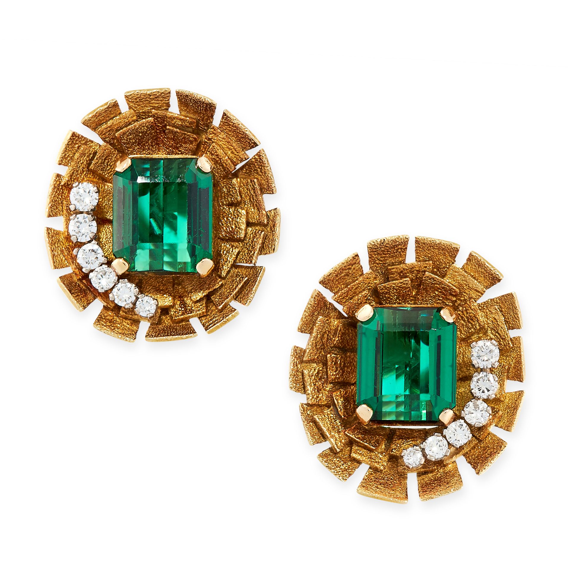 A PAIR OF VINTAGE GREEN TOURMALINE AND DIAMOND CLIP EARRINGS, ANDREW GRIMA 1970s in 18ct yellow