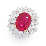 A BURMESE RUBY AND DIAMOND RING in 18ct white gold, set with a cushion cut ruby of 4.16 carats,