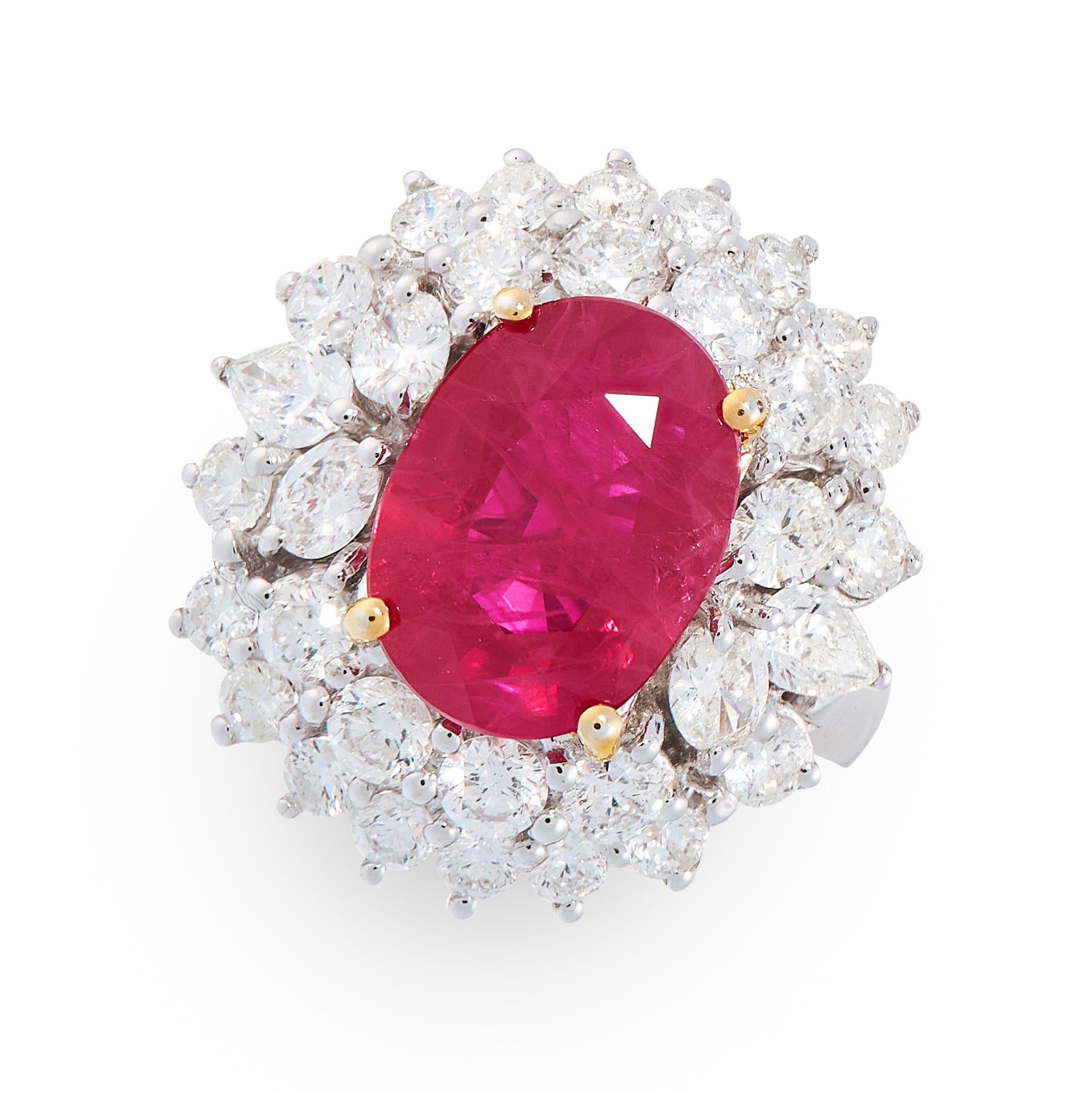 A BURMESE RUBY AND DIAMOND RING in 18ct white gold, set with a cushion cut ruby of 4.16 carats,