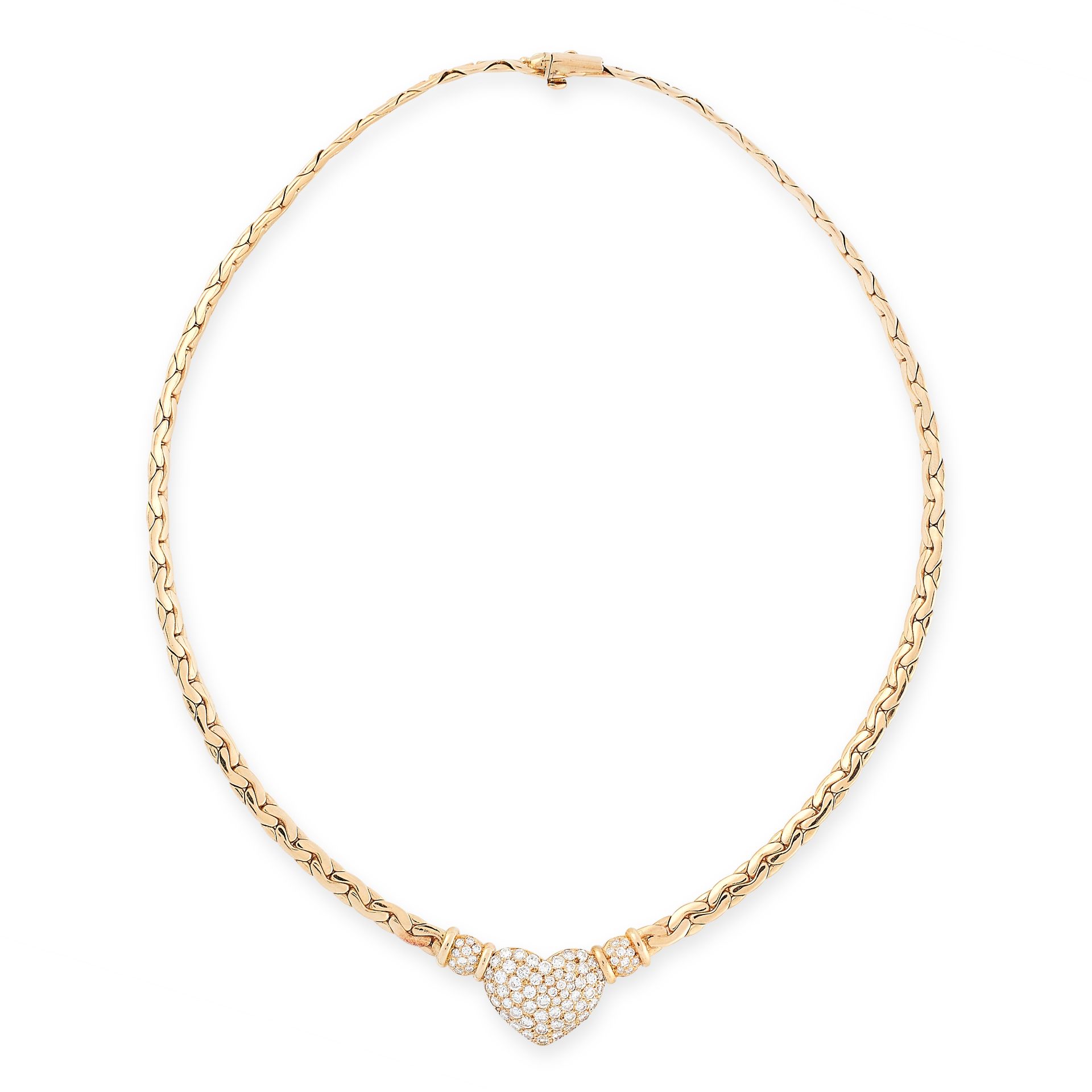 A DIAMOND HEART NECKLACE in 18ct yellow gold, the central heart shaped motif jewelled with round cut