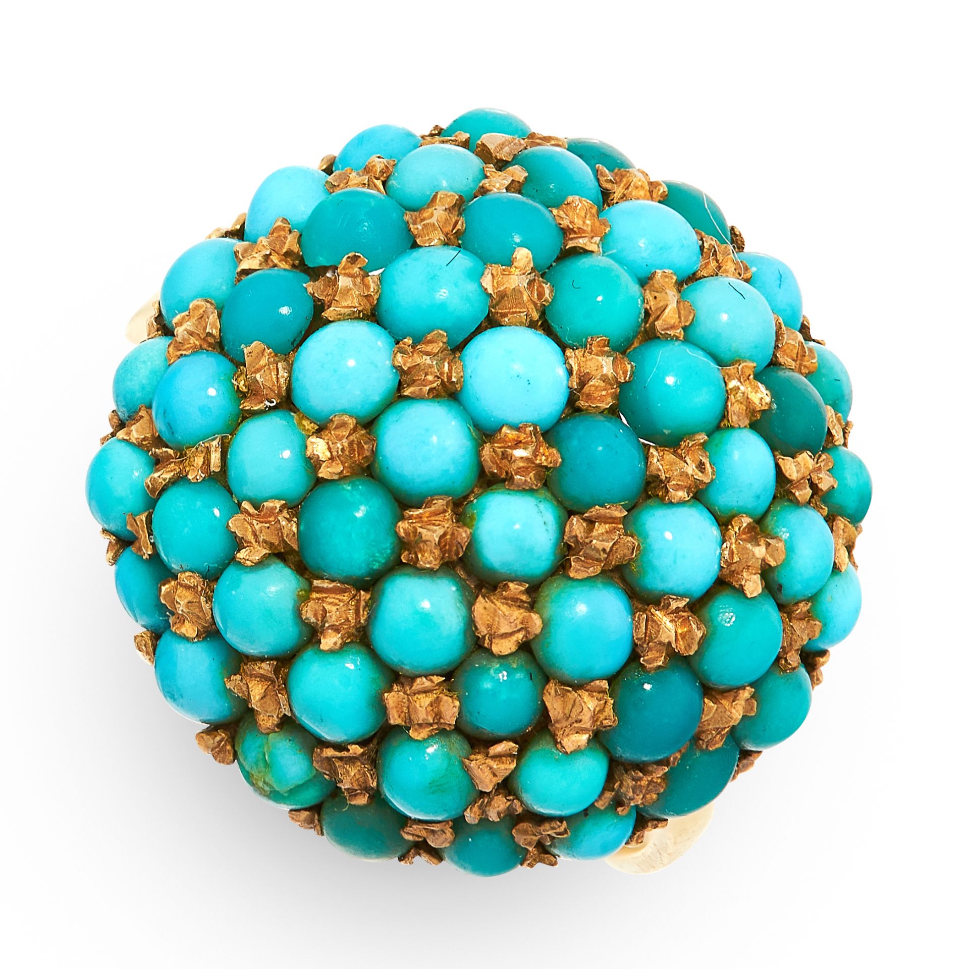 A TURQUOISE CLUSTER DRESS RING in yellow gold, the circular face of bombe design, set with a cluster