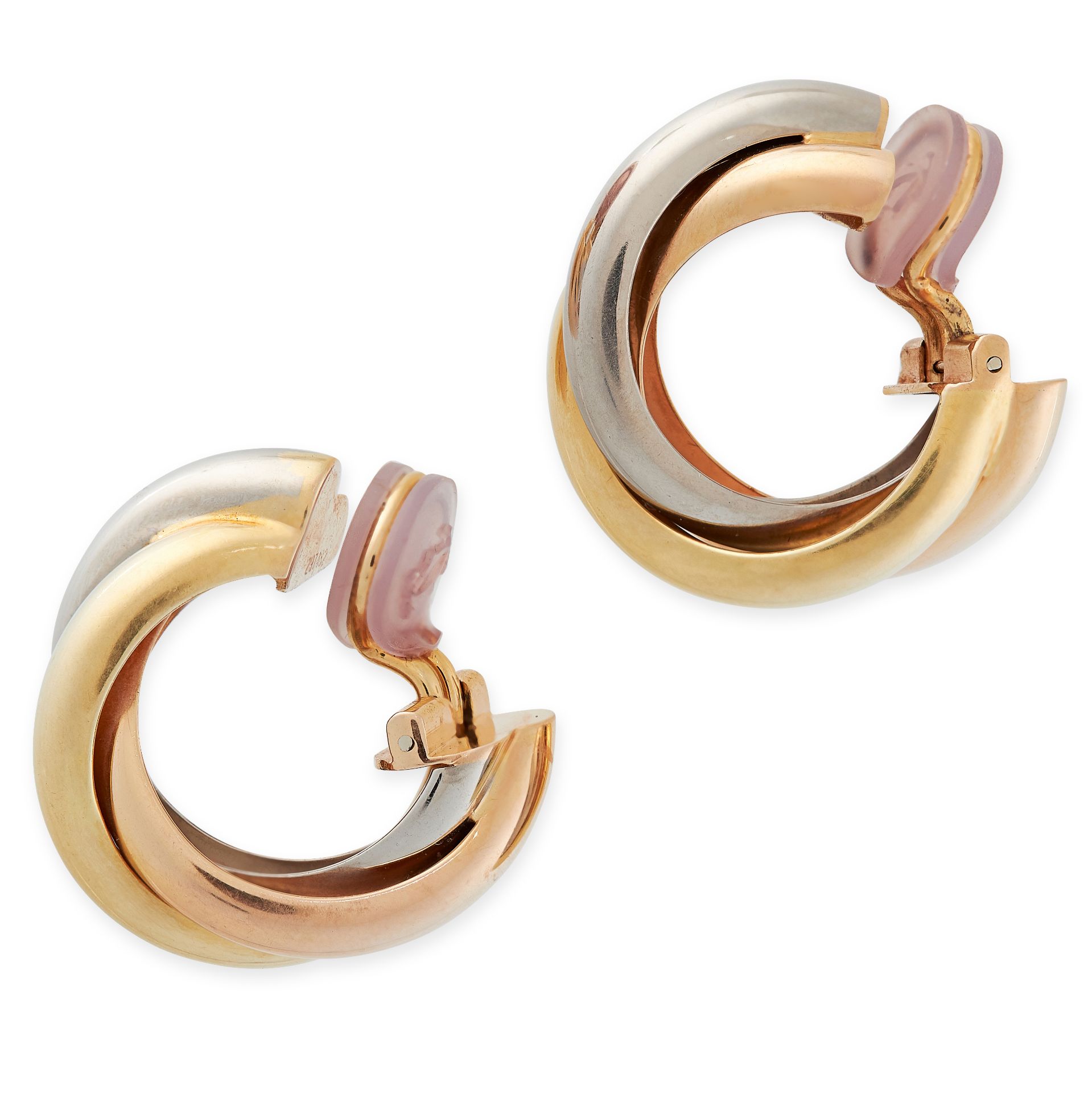 A PAIR OF TRINITY DE CARITER HOOP CLIP EARRINGS, CARTIER in 18ct gold, each designed as a trio of - Image 2 of 2
