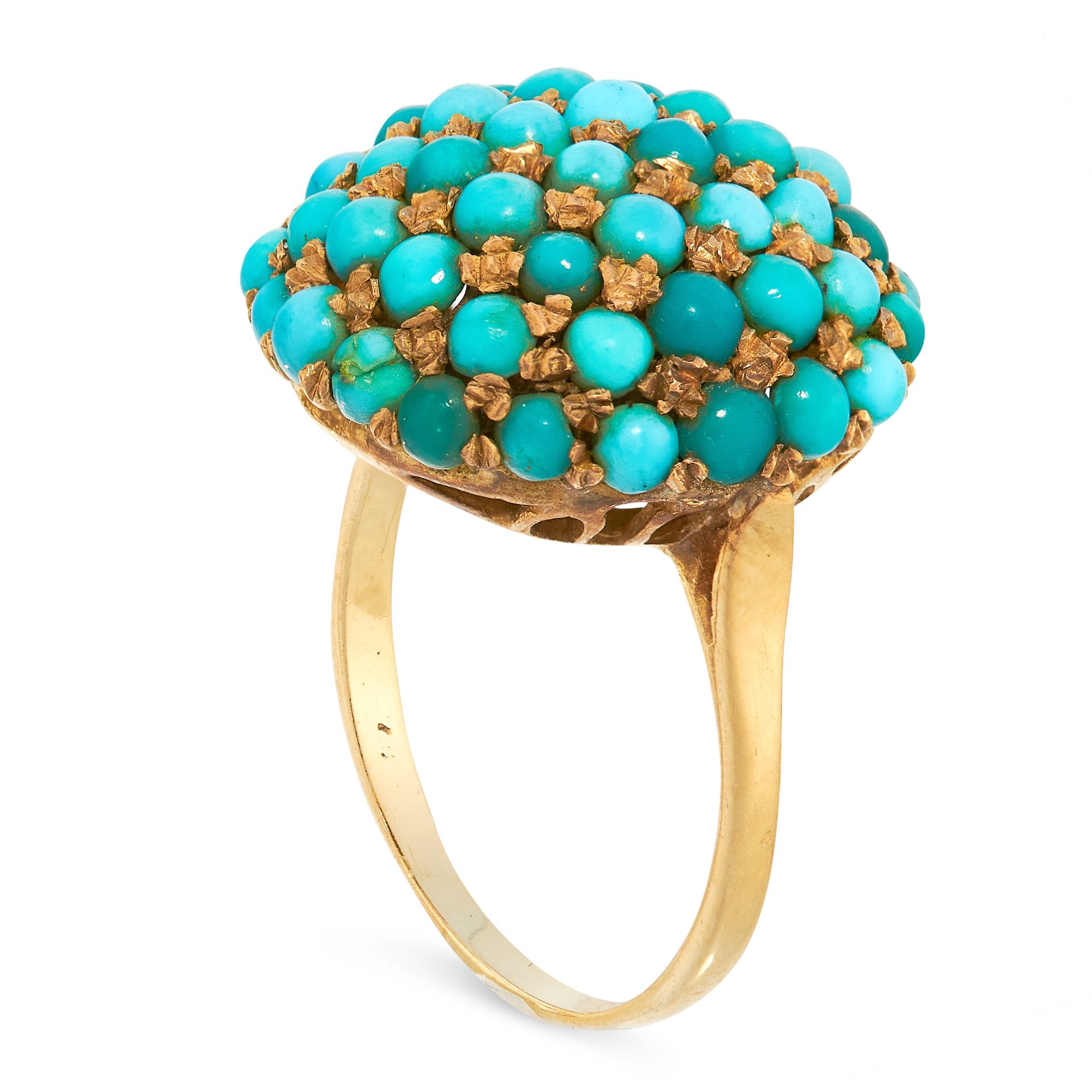 A TURQUOISE CLUSTER DRESS RING in yellow gold, the circular face of bombe design, set with a cluster - Image 2 of 2